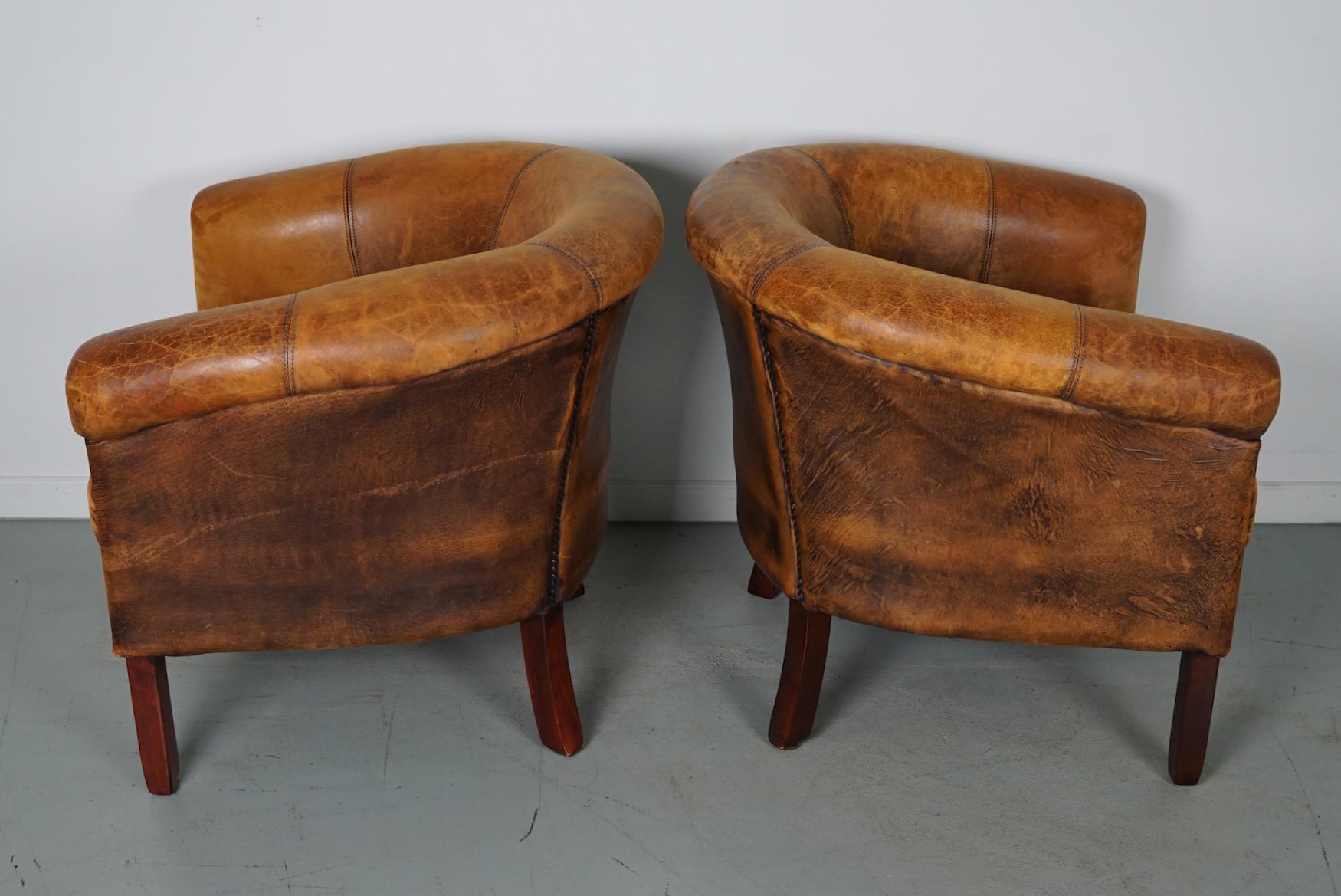 Vintage Dutch Cognac Colored Leather Club Chair, Set of 2 with Footstools For Sale 11