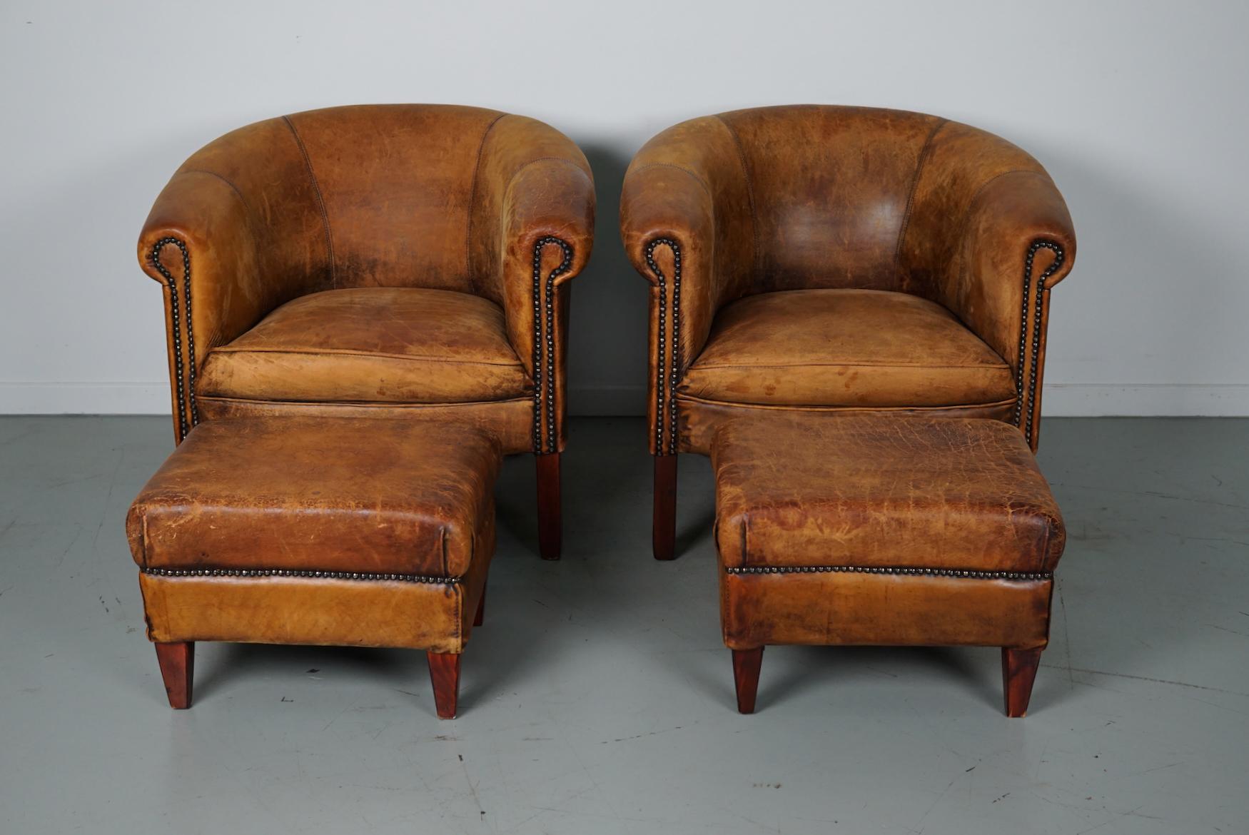 Vintage Dutch Cognac Colored Leather Club Chair, Set of 2 with Footstools For Sale 12