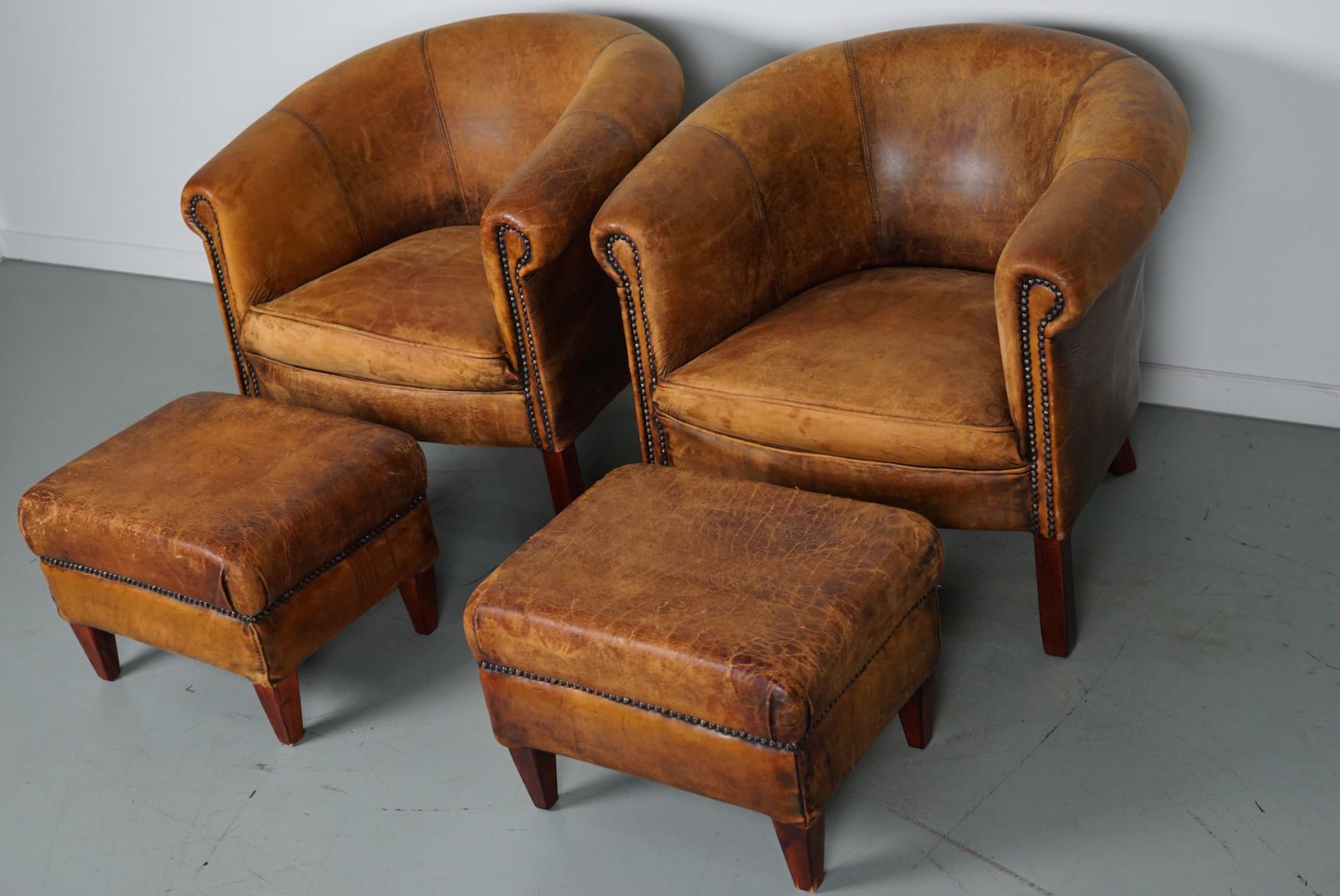Vintage Dutch Cognac Colored Leather Club Chair, Set of 2 with Footstools For Sale 16