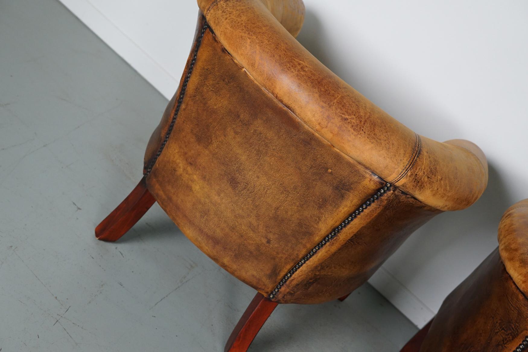 Vintage Dutch Cognac Colored Leather Club Chair, Set of 2 with Footstools For Sale 2