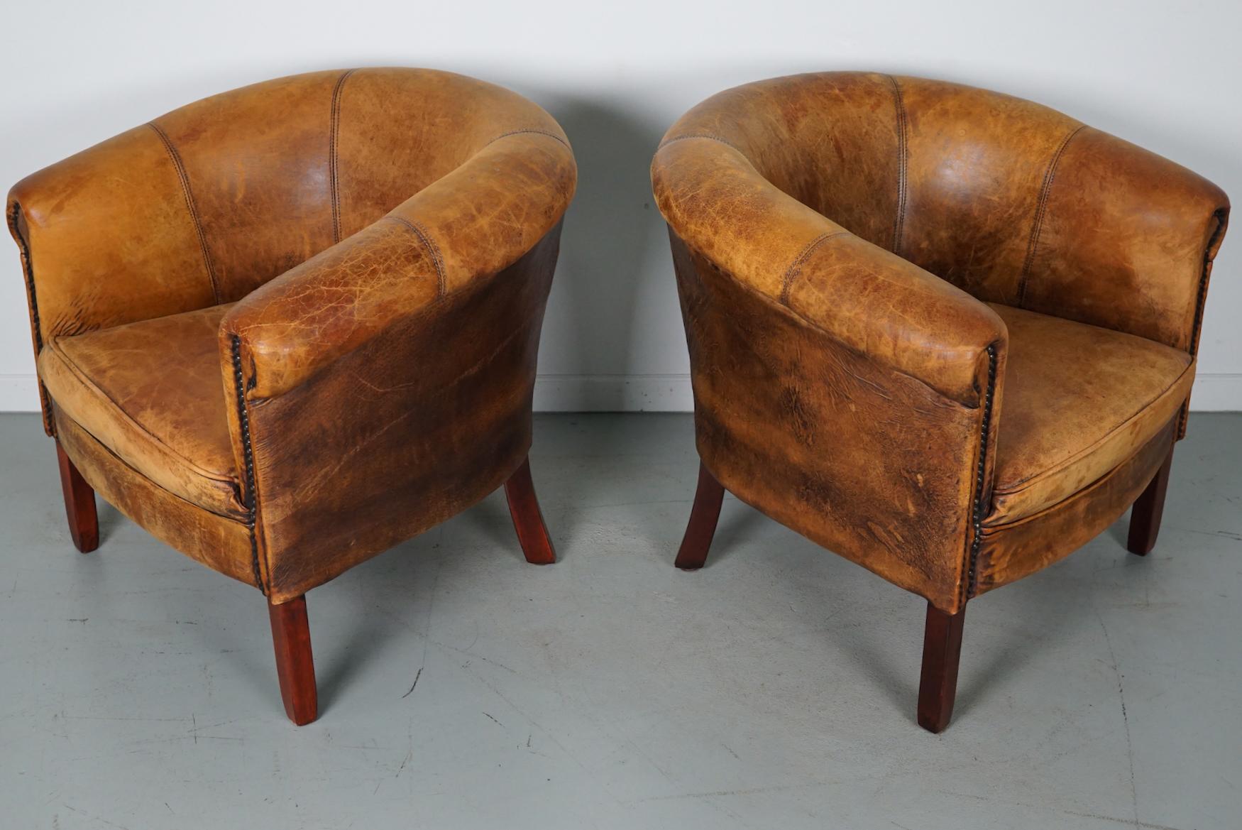 Vintage Dutch Cognac Colored Leather Club Chair, Set of 2 with Footstools For Sale 5