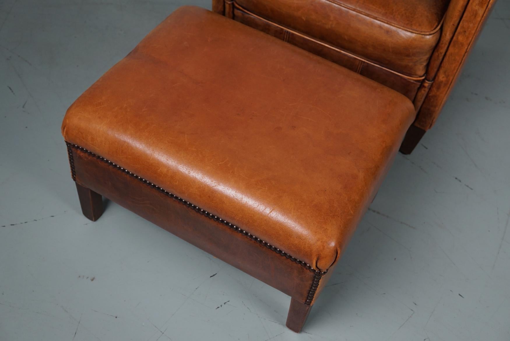 Vintage Dutch Cognac Colored Leather Club Chair, with Footstool In Good Condition In Nijmegen, NL