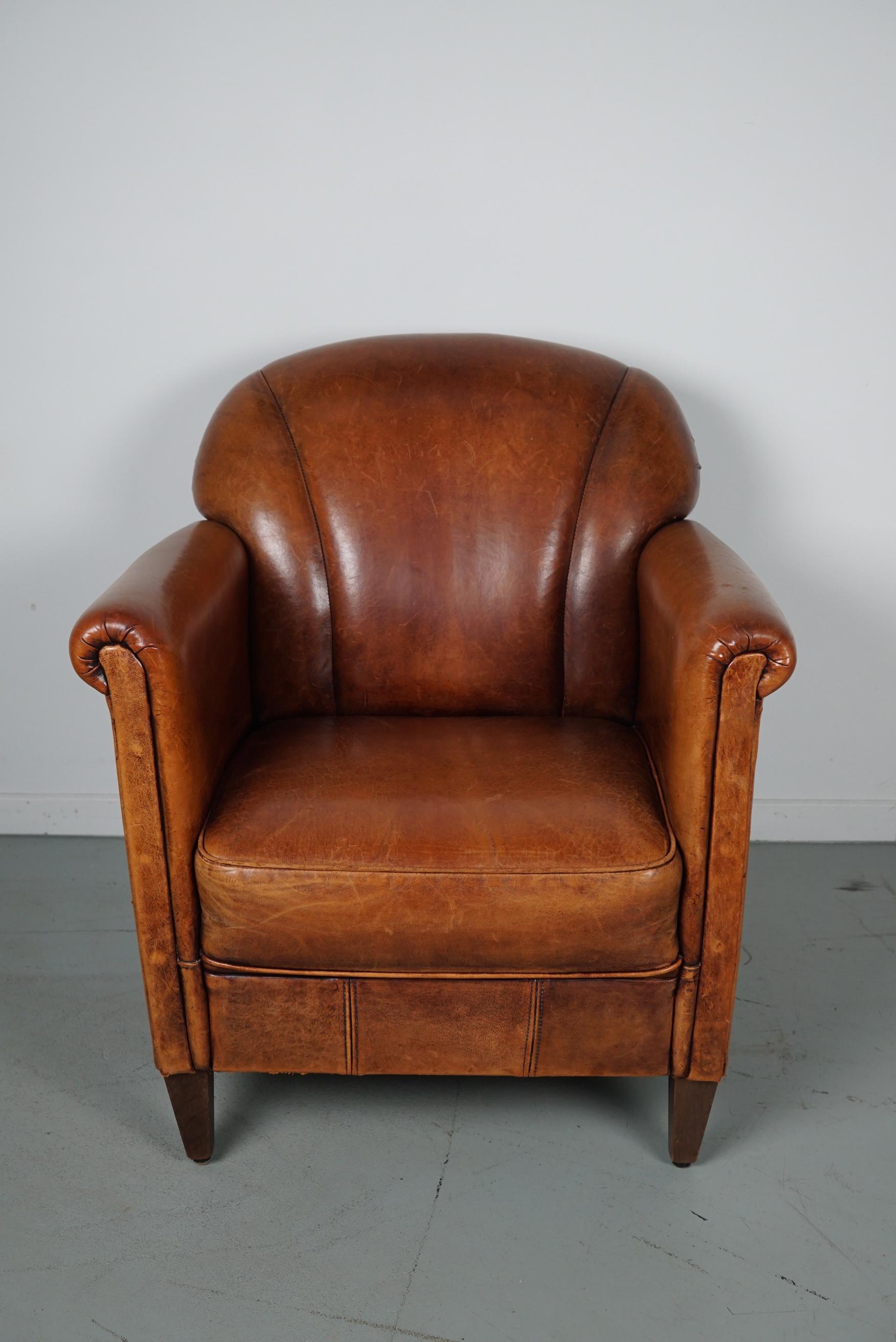 Late 20th Century Vintage Dutch Cognac Colored Leather Club Chair, with Footstool