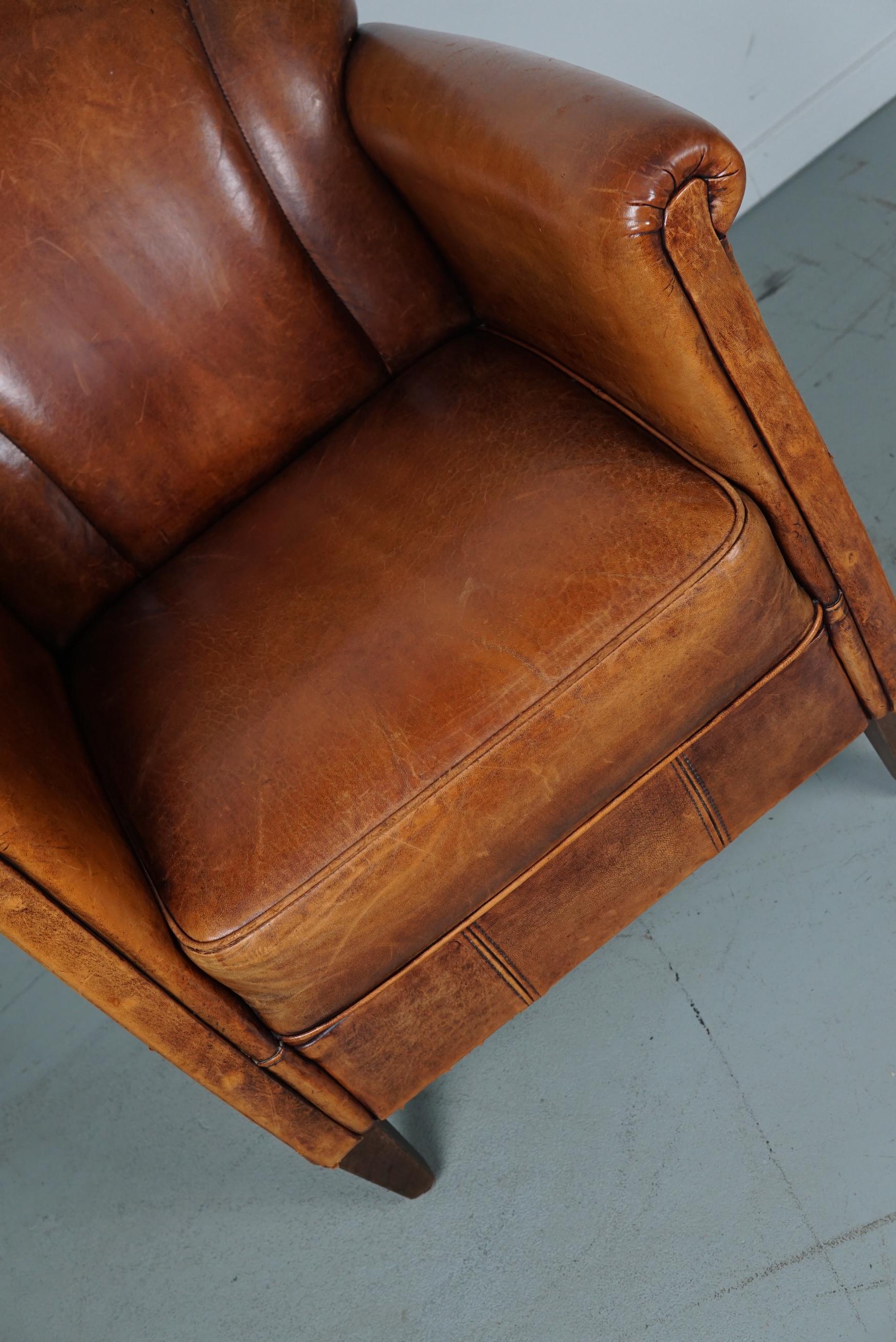 Vintage Dutch Cognac Colored Leather Club Chair, with Footstool 1