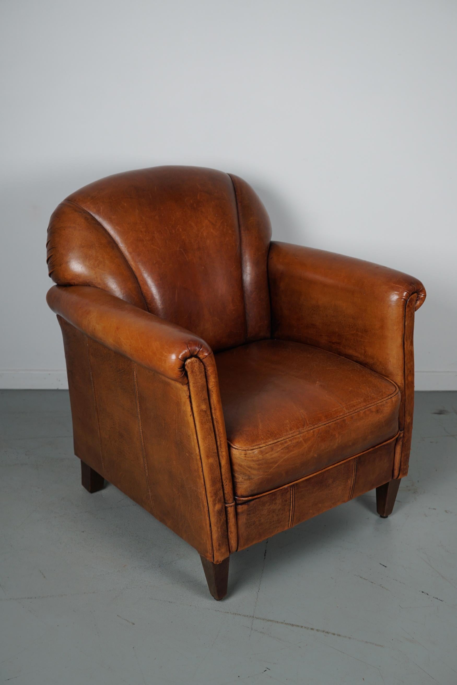 Vintage Dutch Cognac Colored Leather Club Chair, with Footstool 3