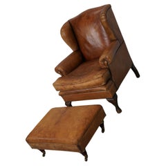 Vintage Dutch Cognac Colored Leather Club Chair, with Footstool