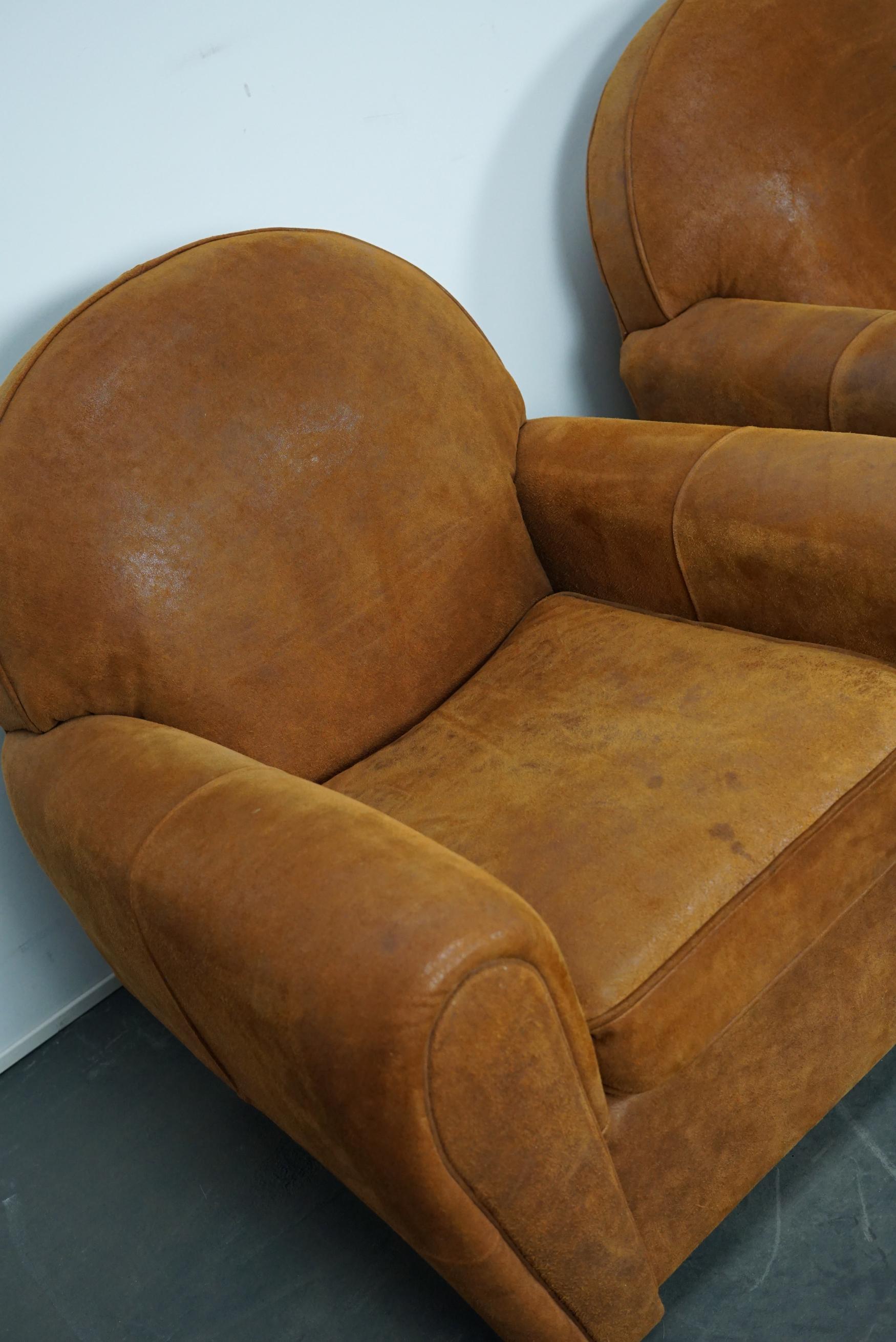 Industrial Vintage Dutch Cognac Colored Leather Club Chairs, Set of 2