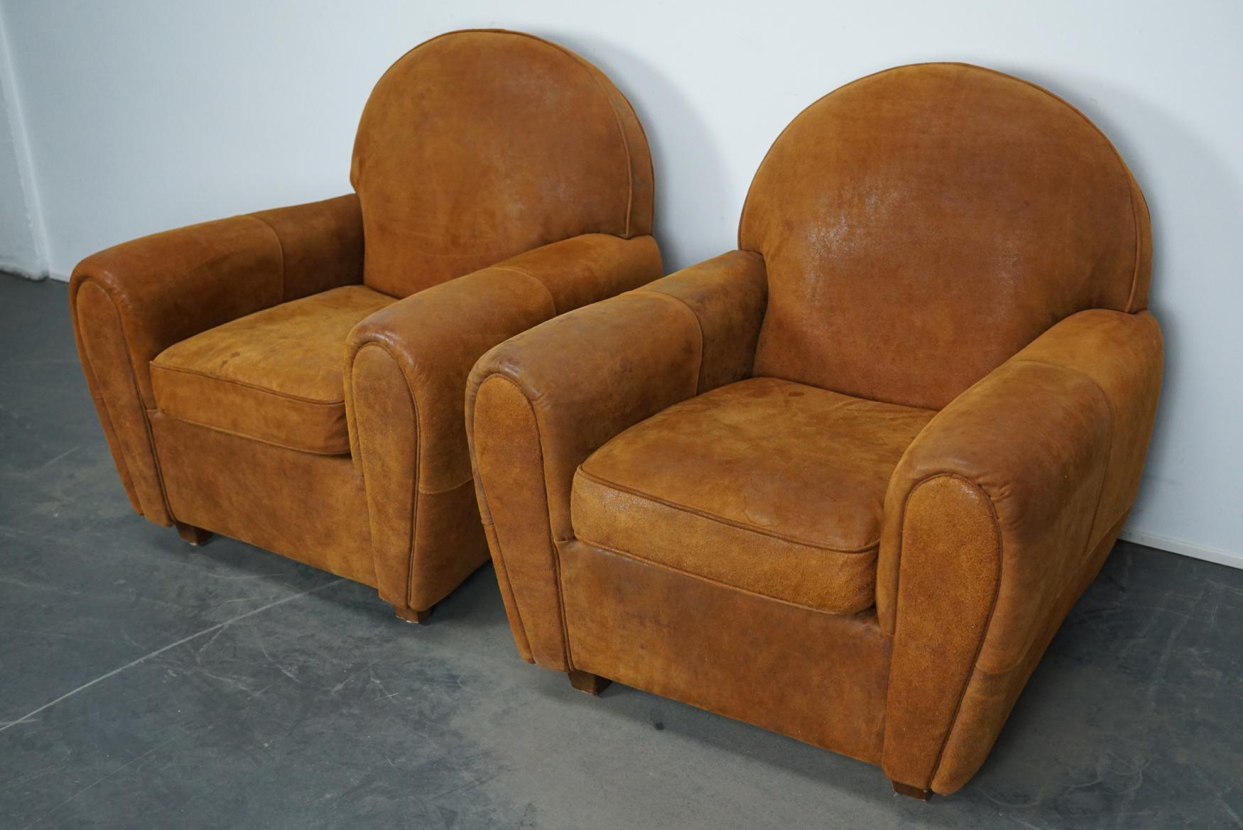 Vintage Dutch Cognac Colored Leather Club Chairs, Set of 2 1