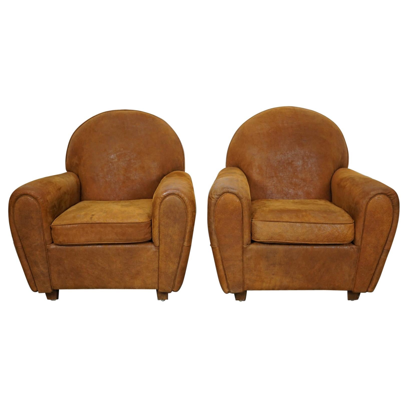 Vintage Dutch Cognac Colored Leather Club Chairs, Set of 2