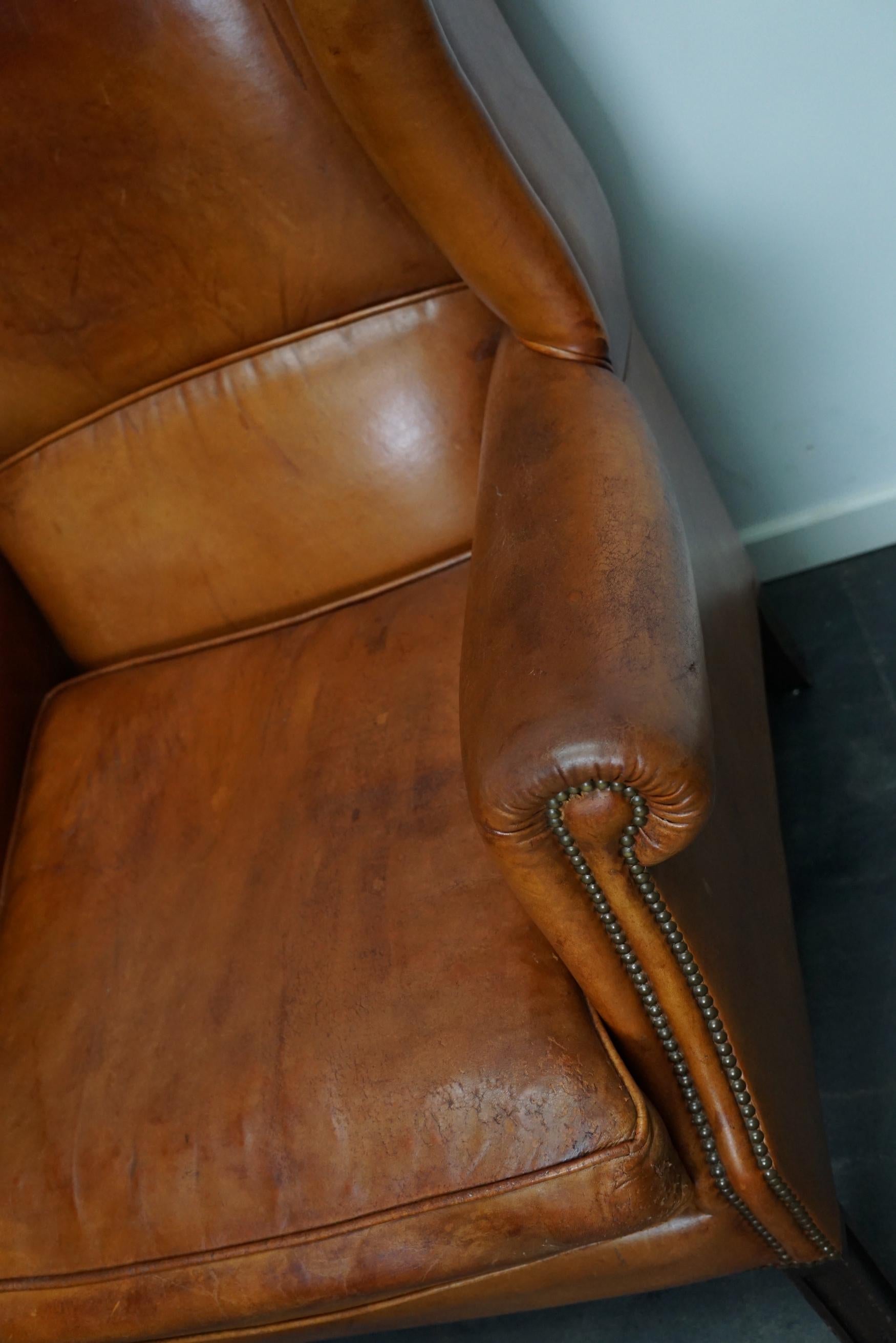 Vintage Dutch Cognac Colored Leather Wingback Club Chair 6