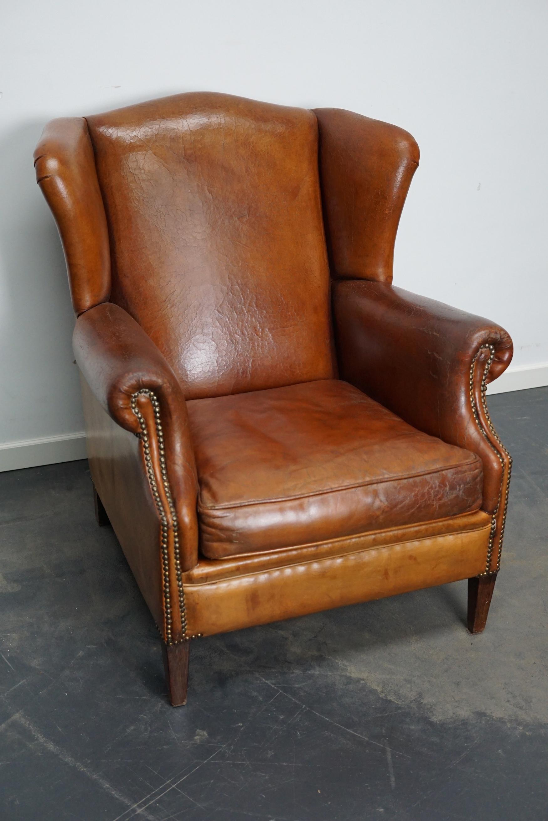 Vintage Dutch Cognac Colored Leather Wingback Club Chair 8