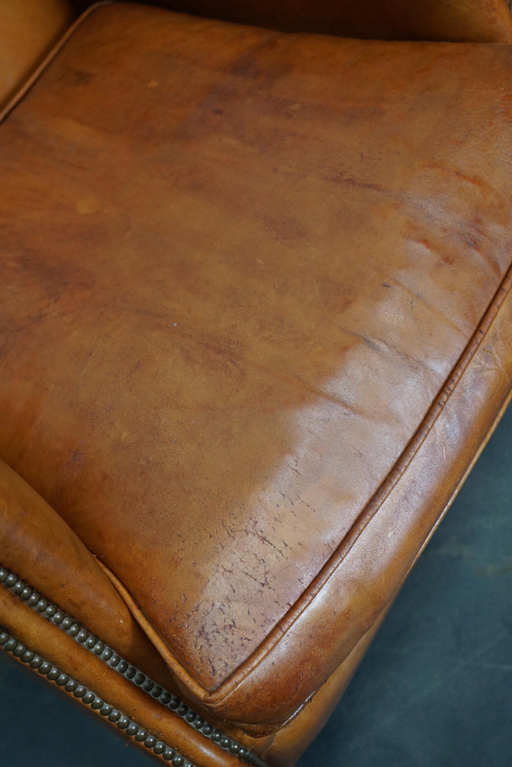 Vintage Dutch Cognac Colored Leather Wingback Club Chair 9