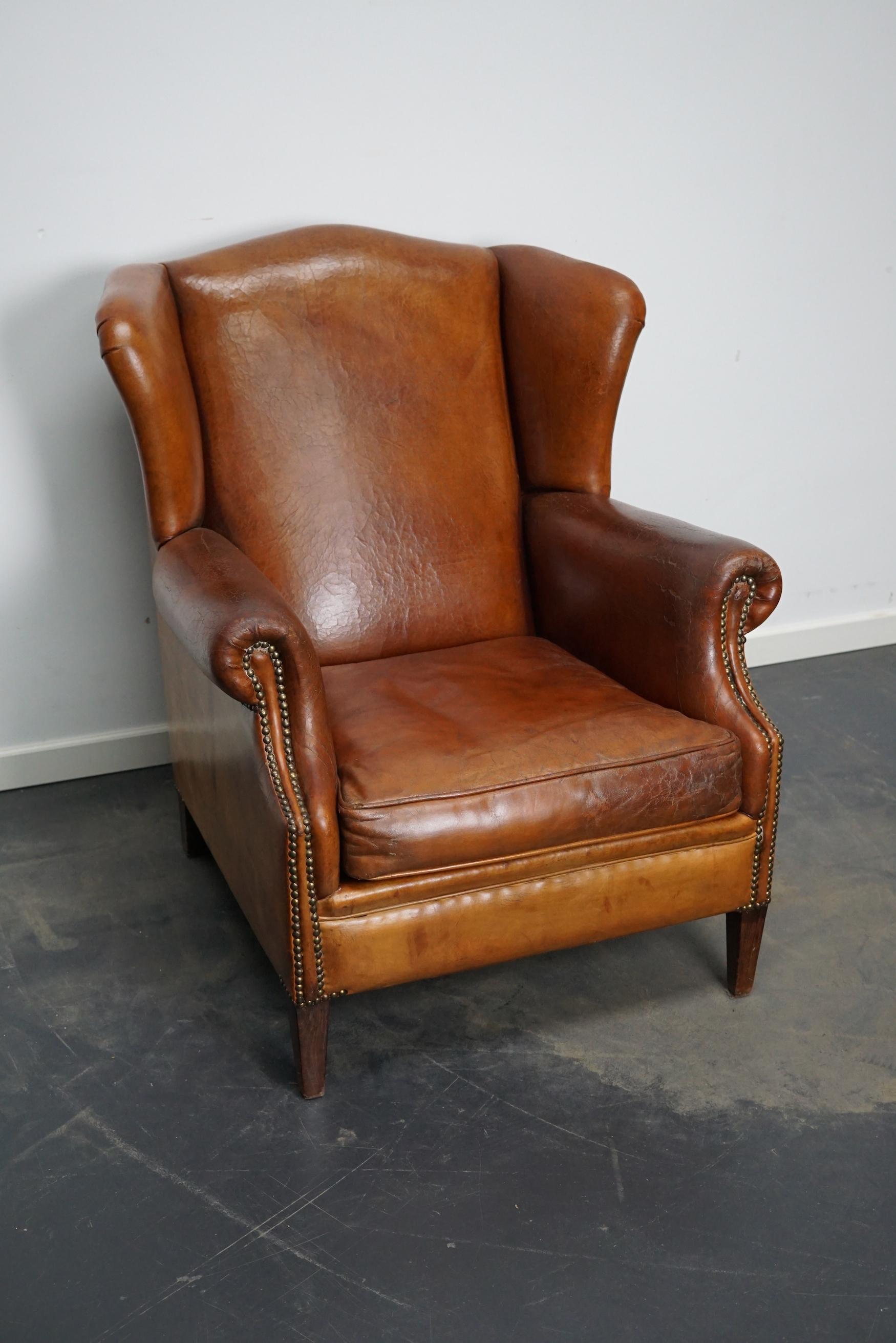 Vintage Dutch Cognac Colored Leather Wingback Club Chair 9