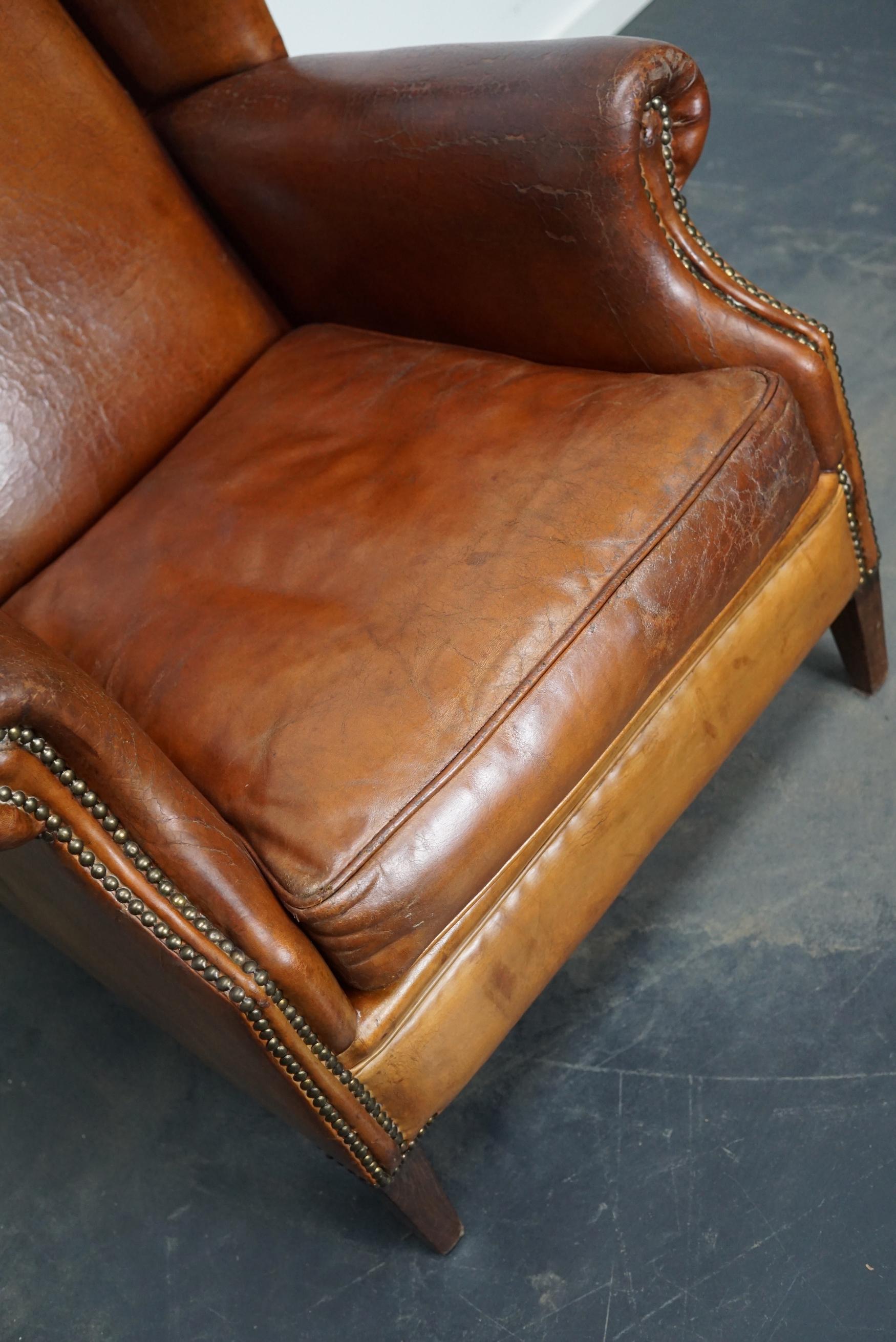 Vintage Dutch Cognac Colored Leather Wingback Club Chair 10