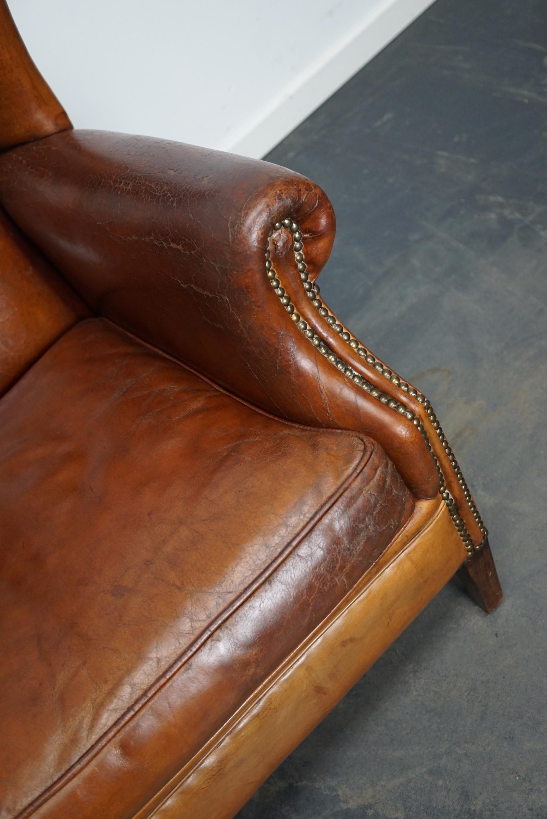 Vintage Dutch Cognac Colored Leather Wingback Club Chair 13