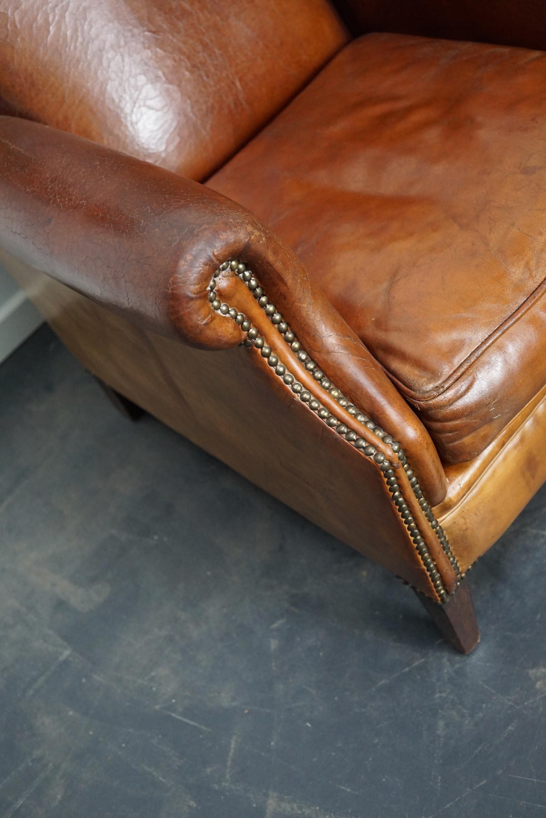 Vintage Dutch Cognac Colored Leather Wingback Club Chair 14