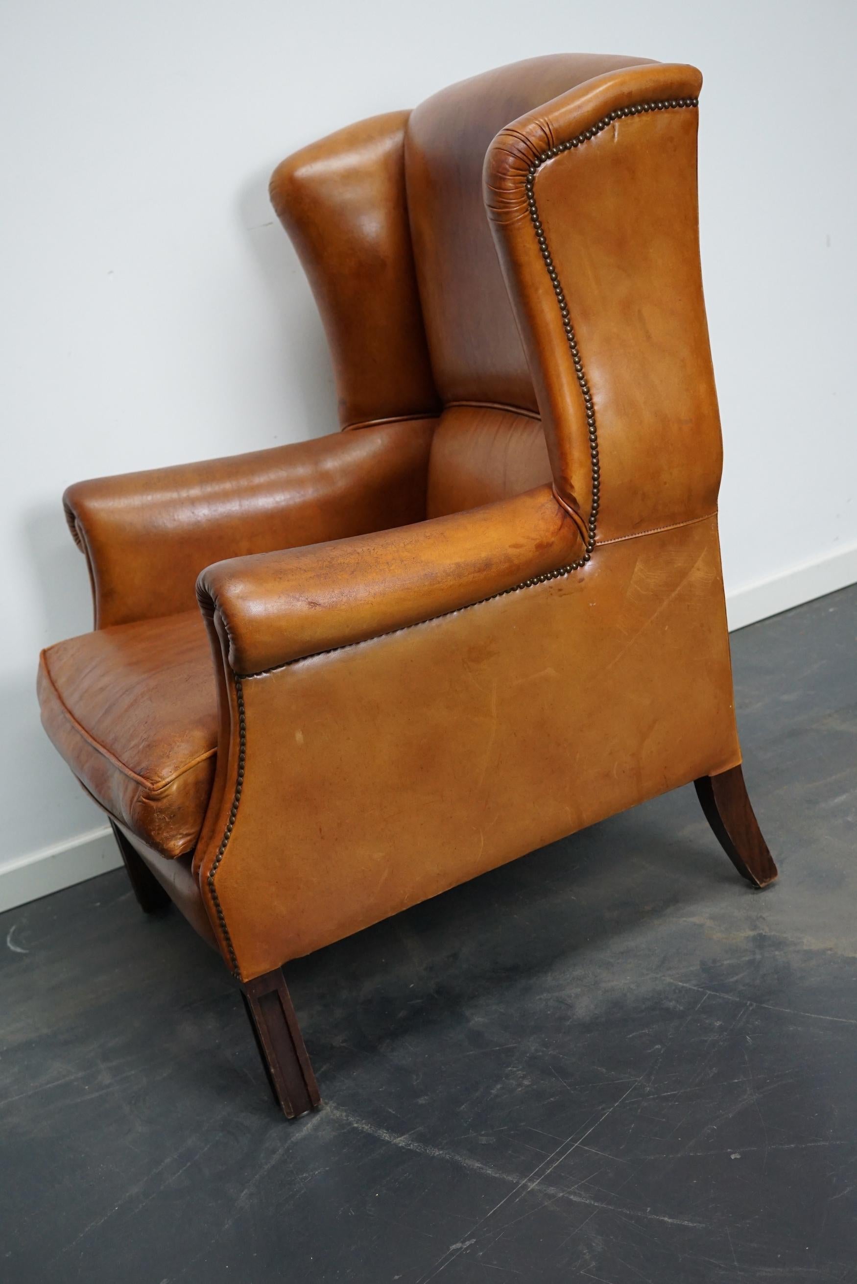 Industrial Vintage Dutch Cognac Colored Leather Wingback Club Chair