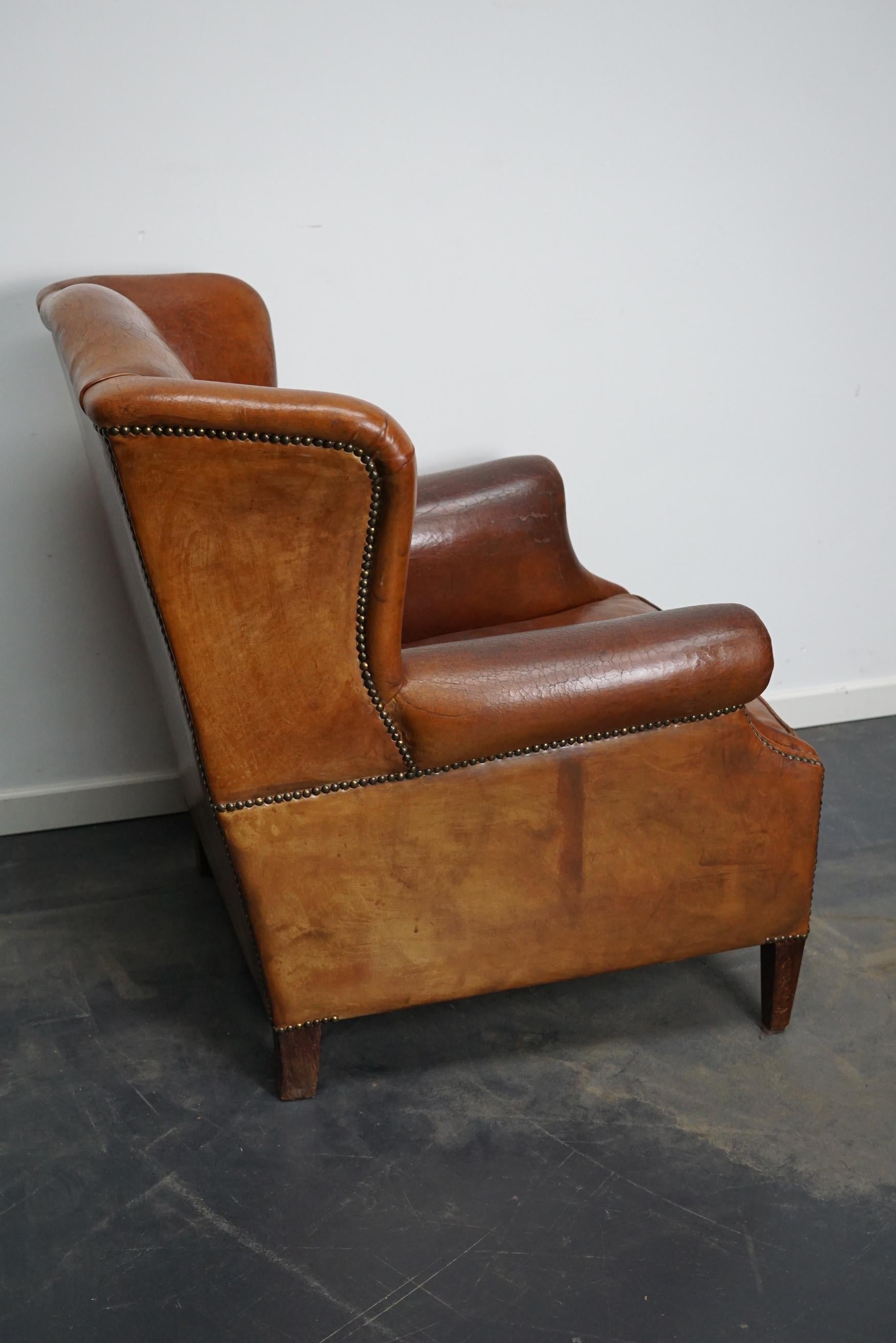 Industrial Vintage Dutch Cognac Colored Leather Wingback Club Chair