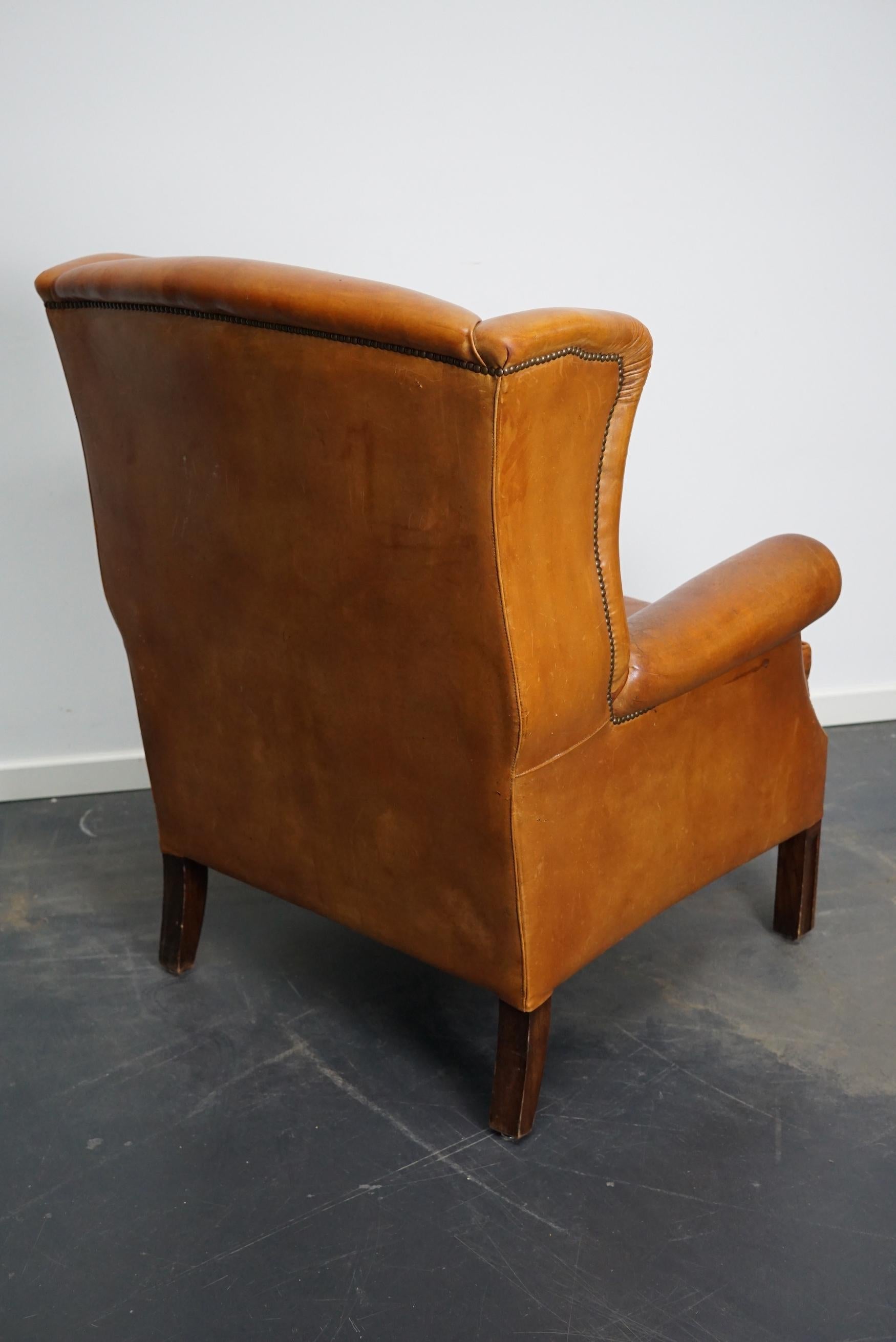 Vintage Dutch Cognac Colored Leather Wingback Club Chair In Good Condition In Nijmegen, NL