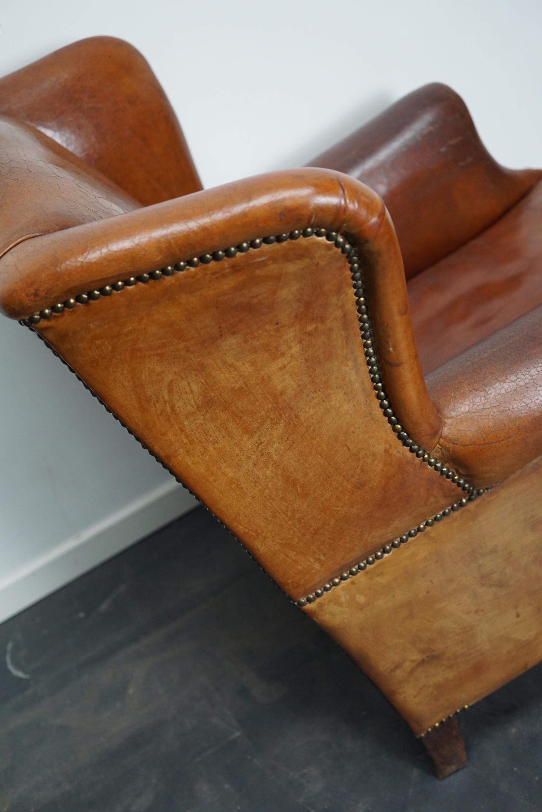 Vintage Dutch Cognac Colored Leather Wingback Club Chair In Good Condition In Nijmegen, NL