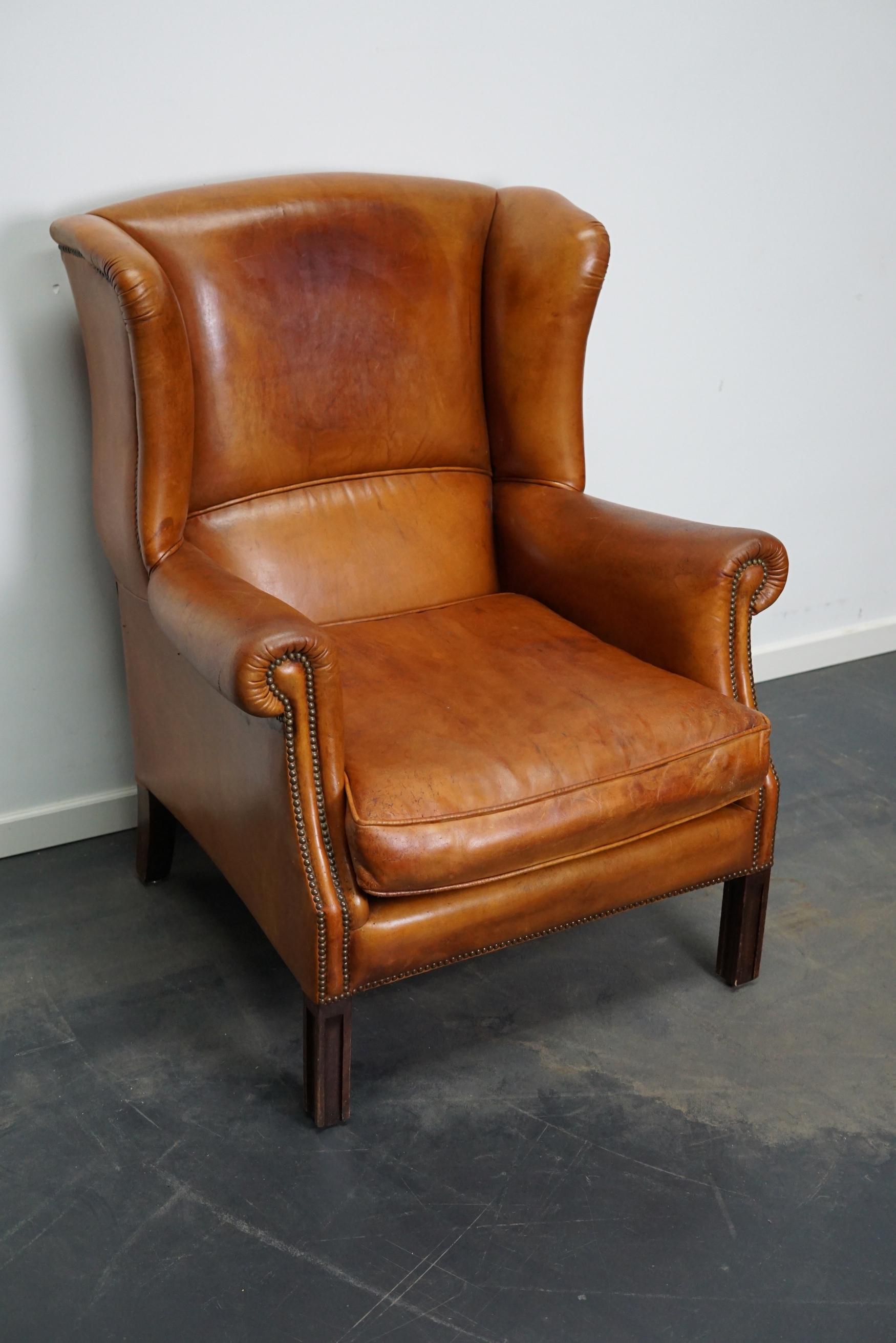 Vintage Dutch Cognac Colored Leather Wingback Club Chair 1