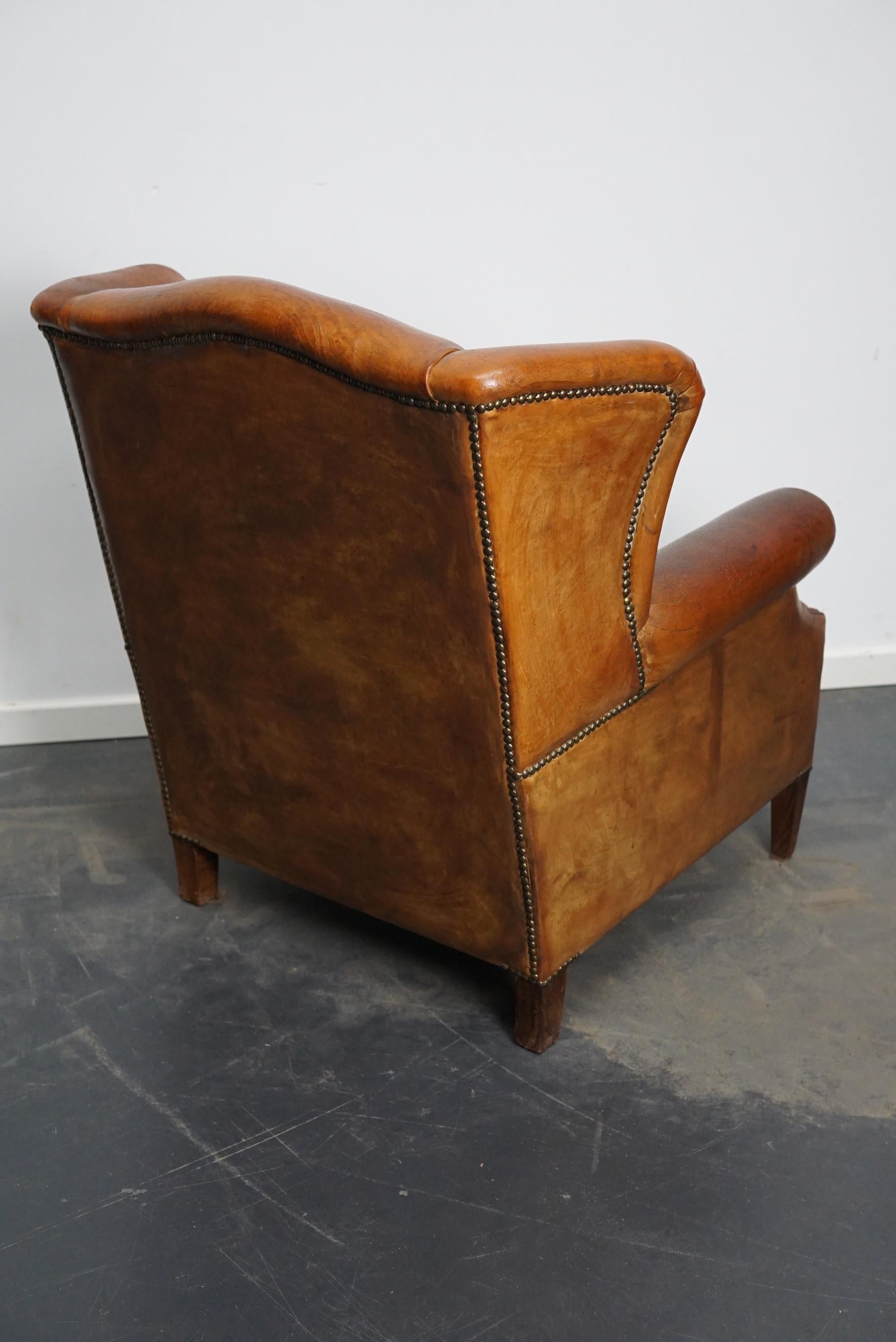 Vintage Dutch Cognac Colored Leather Wingback Club Chair 1