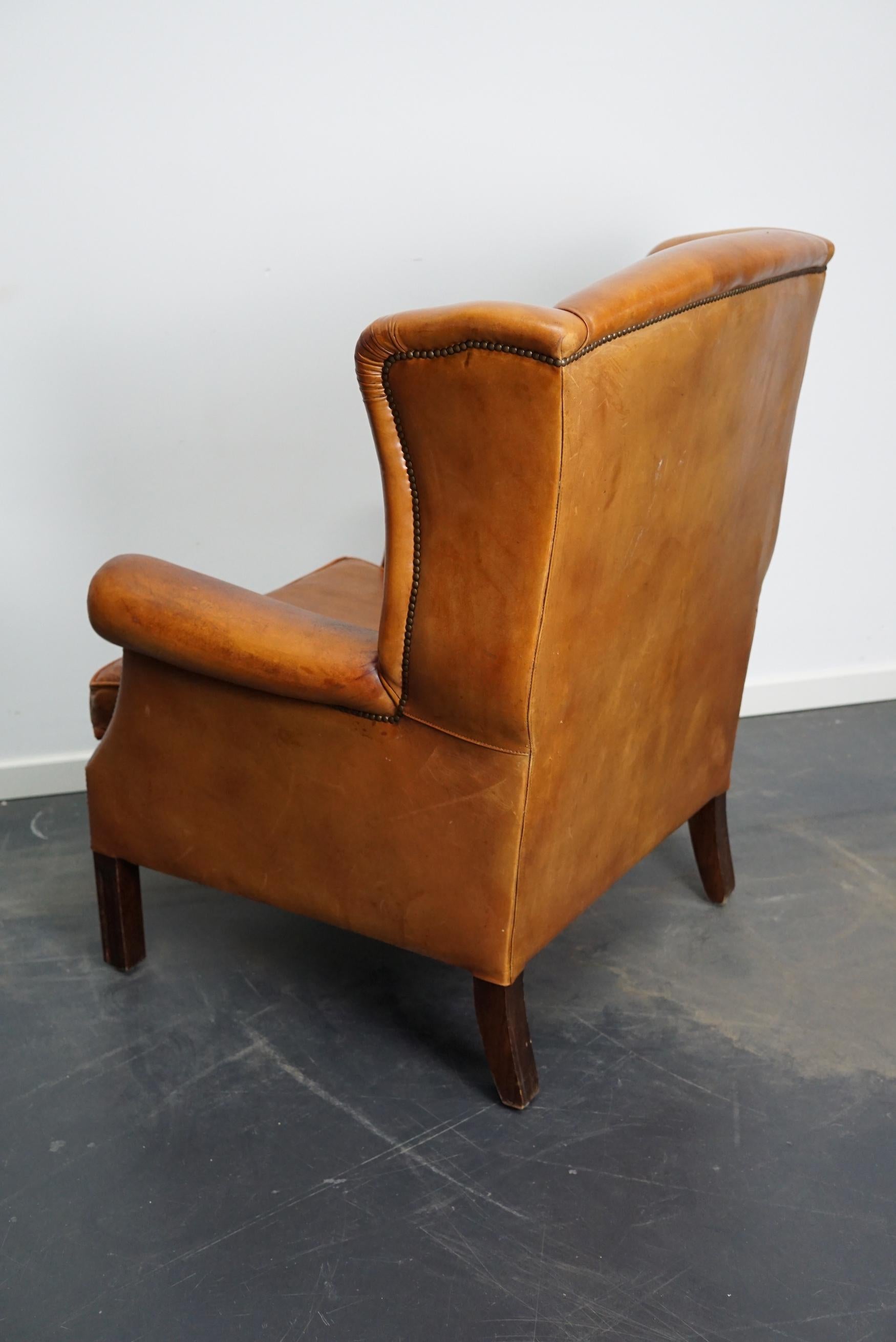 Vintage Dutch Cognac Colored Leather Wingback Club Chair 2