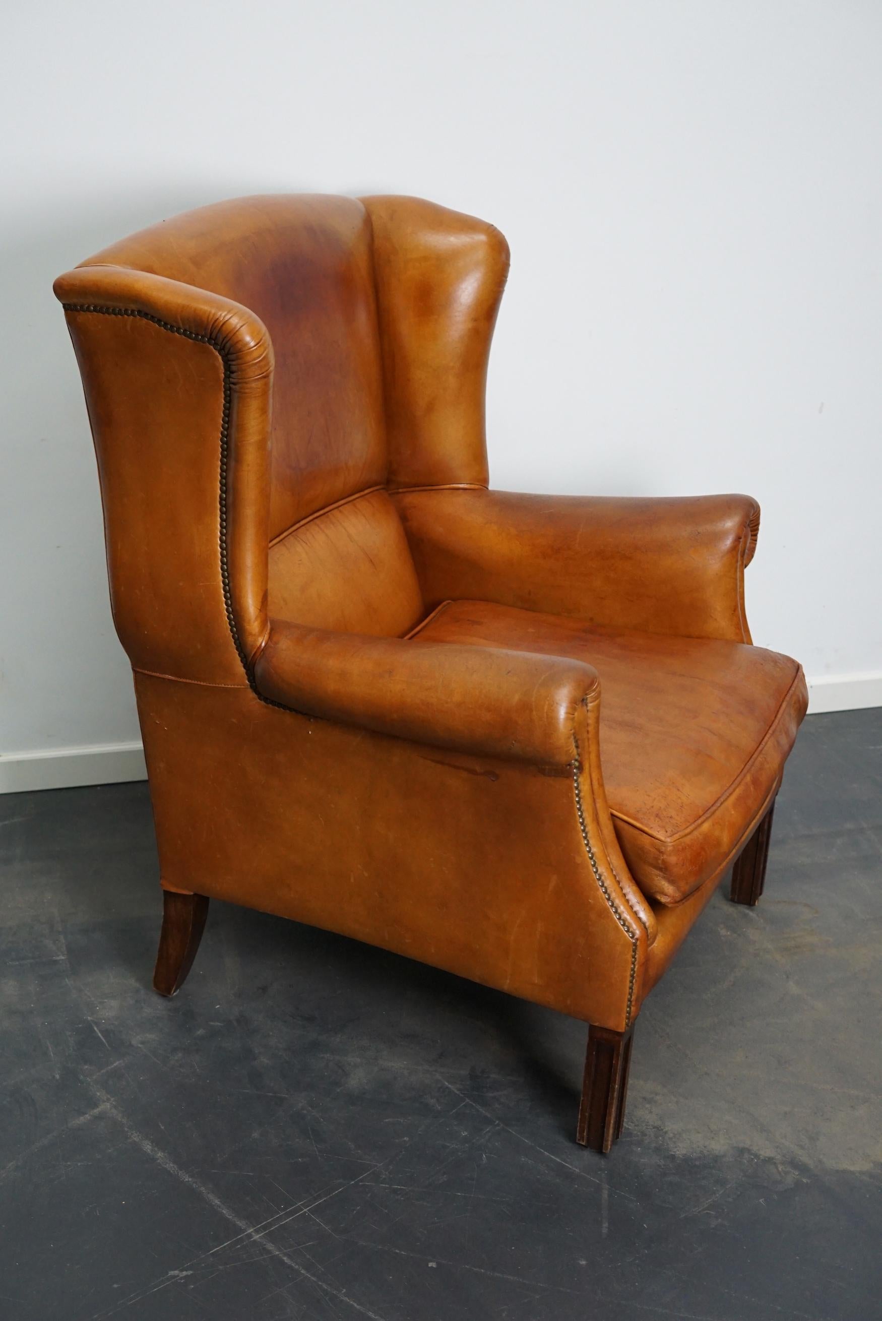 Vintage Dutch Cognac Colored Leather Wingback Club Chair 3