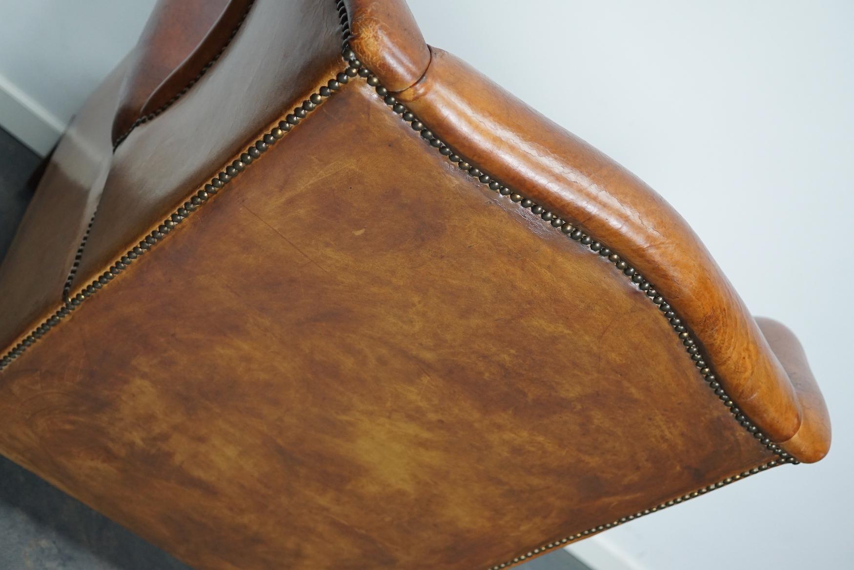 Vintage Dutch Cognac Colored Leather Wingback Club Chair 3