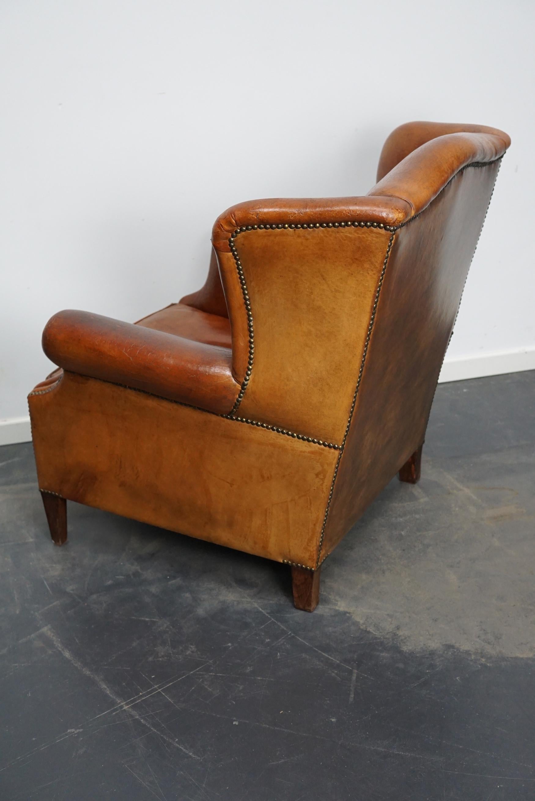 Vintage Dutch Cognac Colored Leather Wingback Club Chair 4