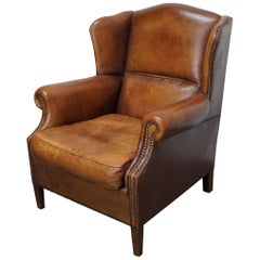 Vintage Dutch Cognac Colored Leather Wingback Club Chair