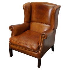 Vintage Dutch Cognac Colored Leather Wingback Club Chair