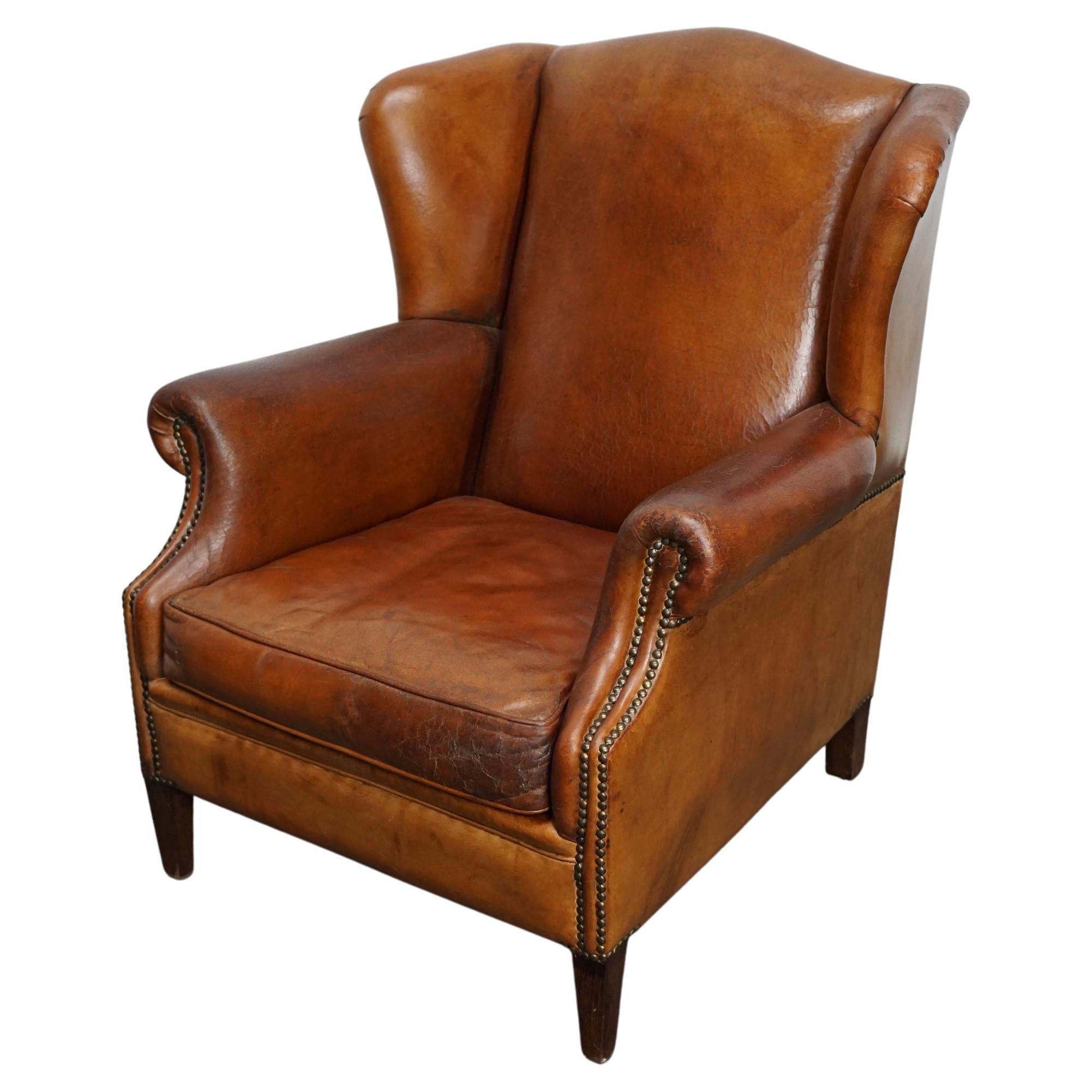 Vintage Dutch Cognac Colored Leather Wingback Club Chair