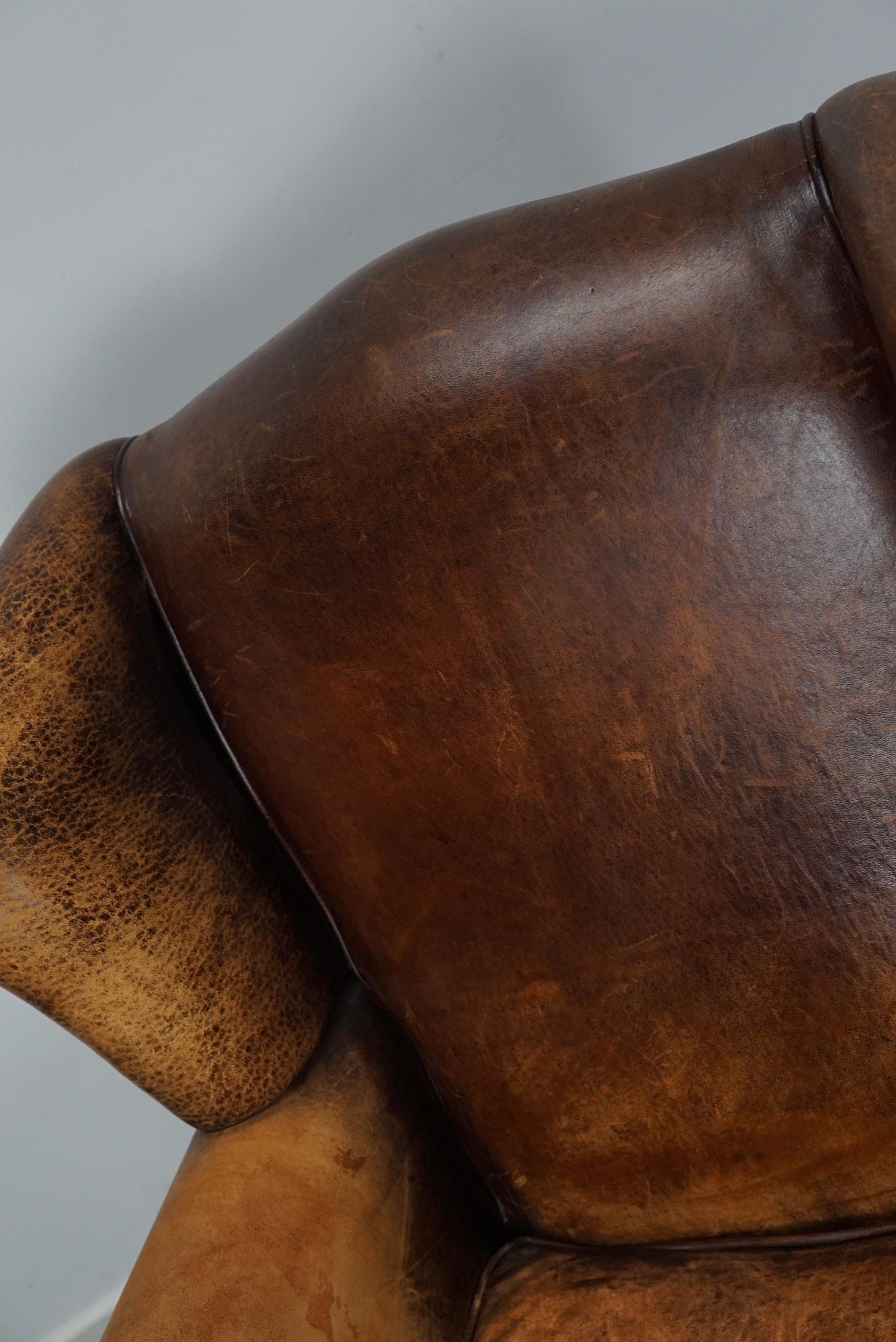 Vintage Dutch Cognac Colored Wingback Leather Club Chair For Sale 5