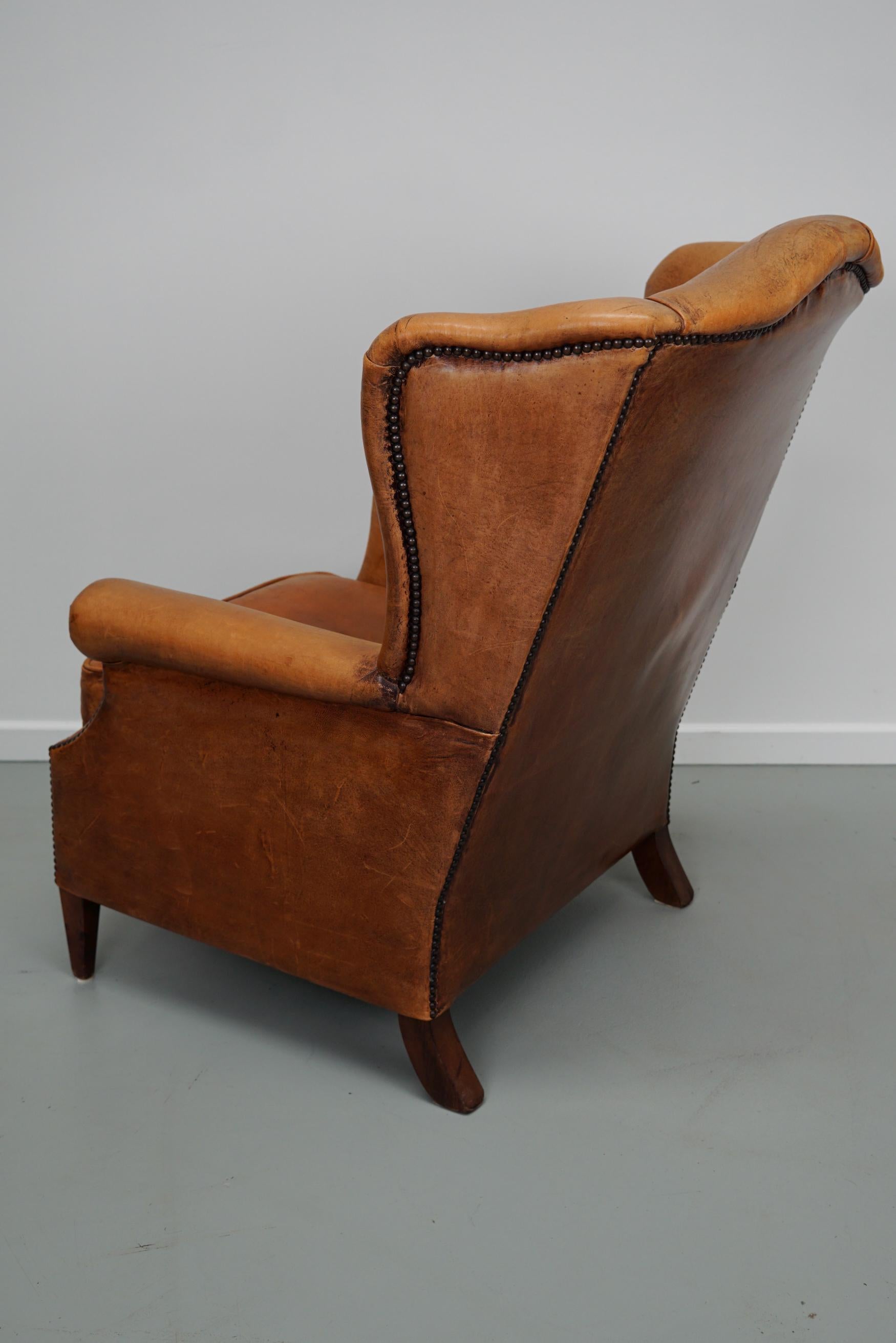  Vintage Dutch Cognac Colored Wingback Leather Club Chair 5