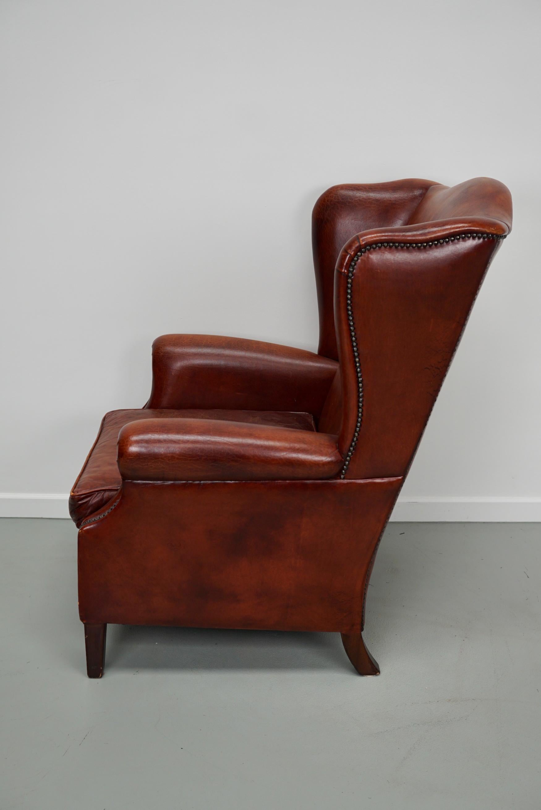  Vintage Dutch Cognac Colored Wingback Leather Club Chair For Sale 5
