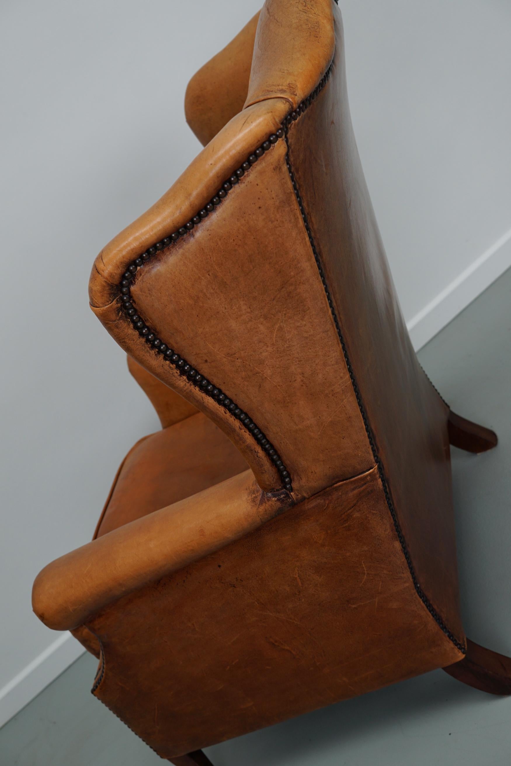  Vintage Dutch Cognac Colored Wingback Leather Club Chair 6