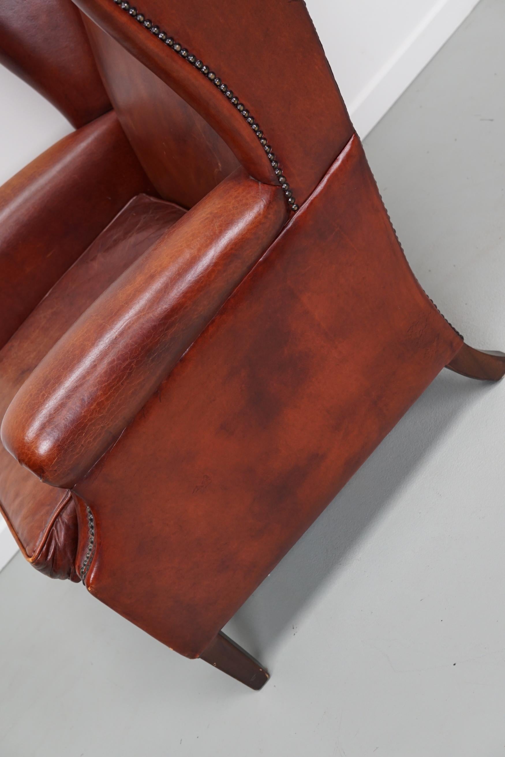  Vintage Dutch Cognac Colored Wingback Leather Club Chair For Sale 6