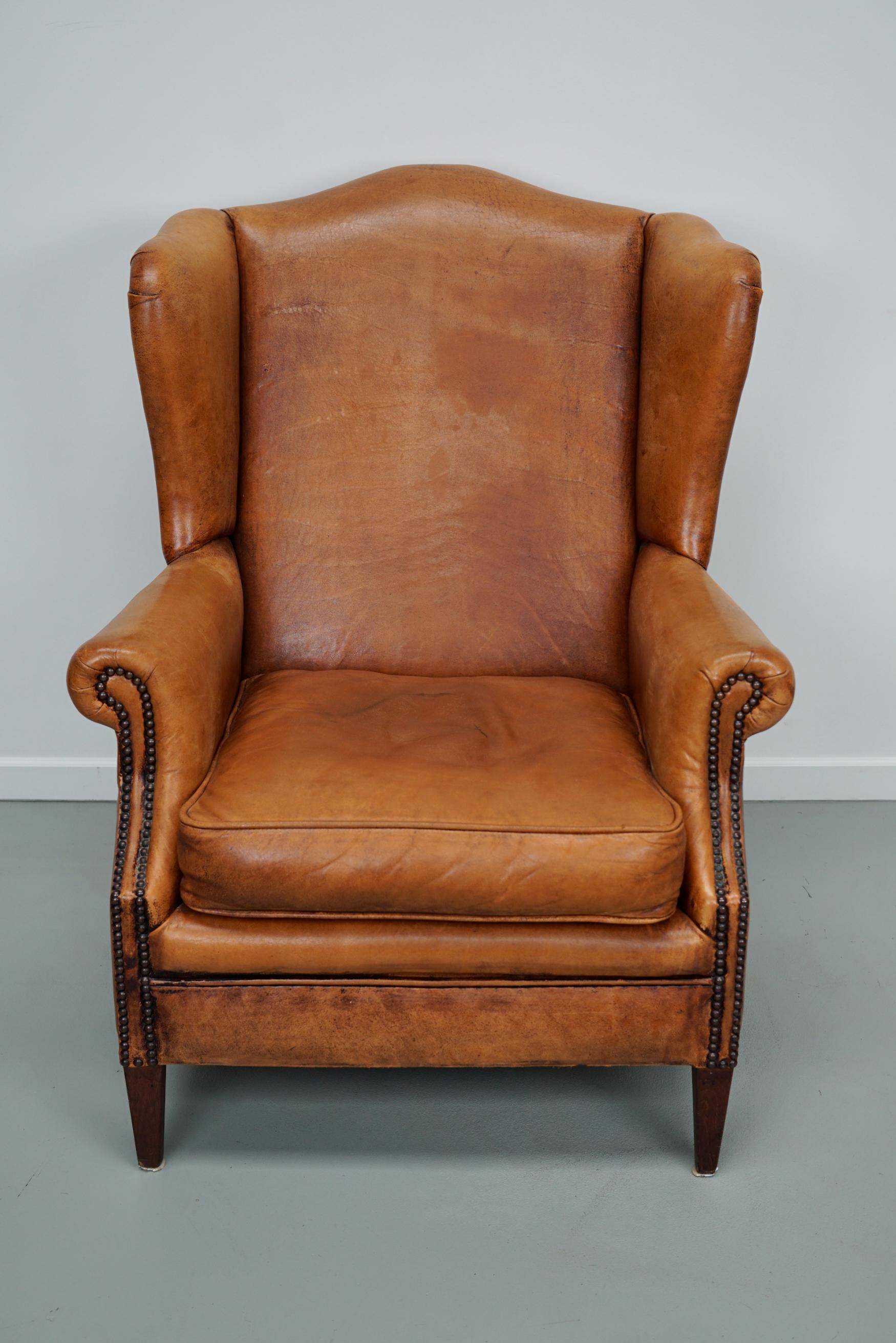  Vintage Dutch Cognac Colored Wingback Leather Club Chair 7