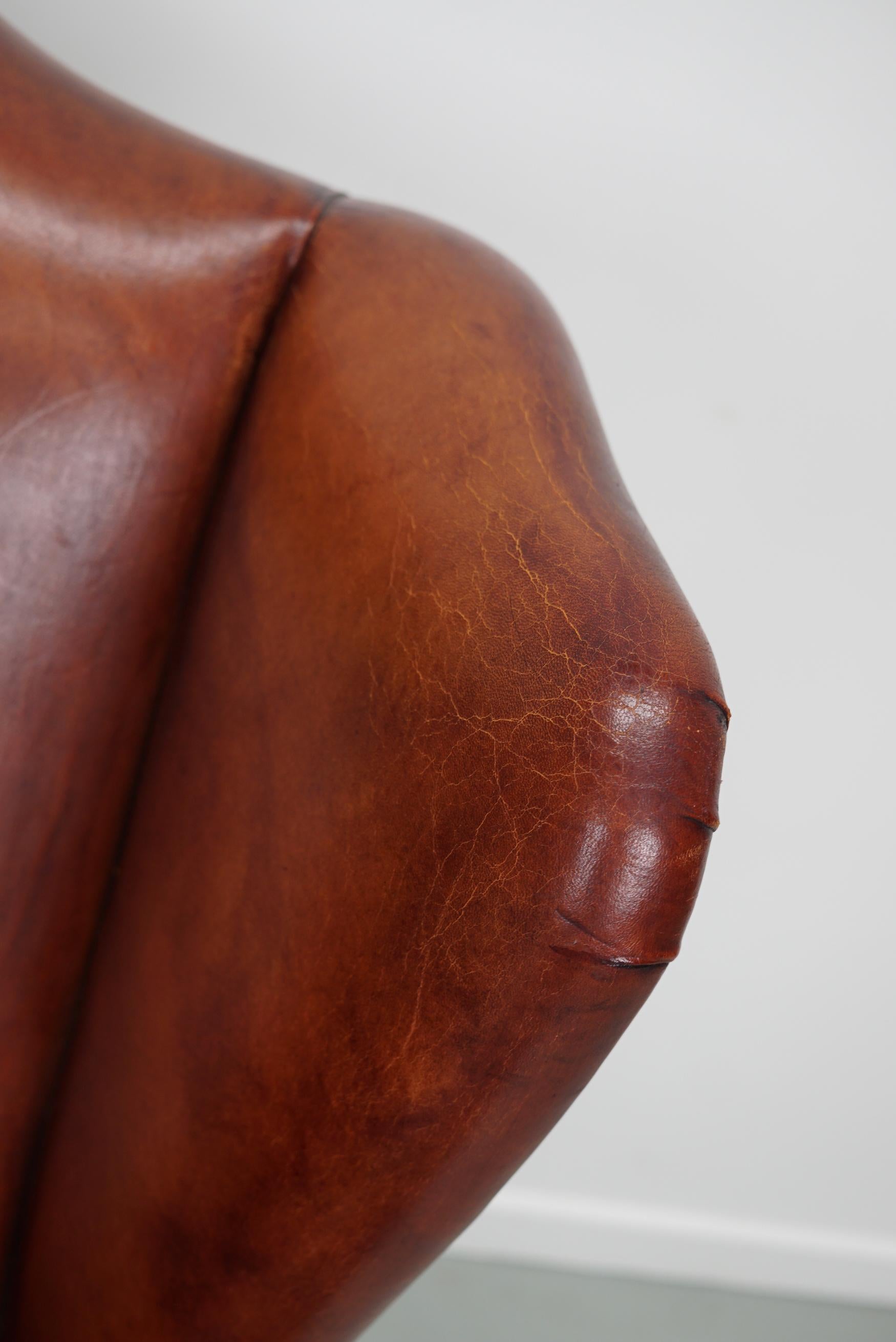  Vintage Dutch Cognac Colored Wingback Leather Club Chair For Sale 7