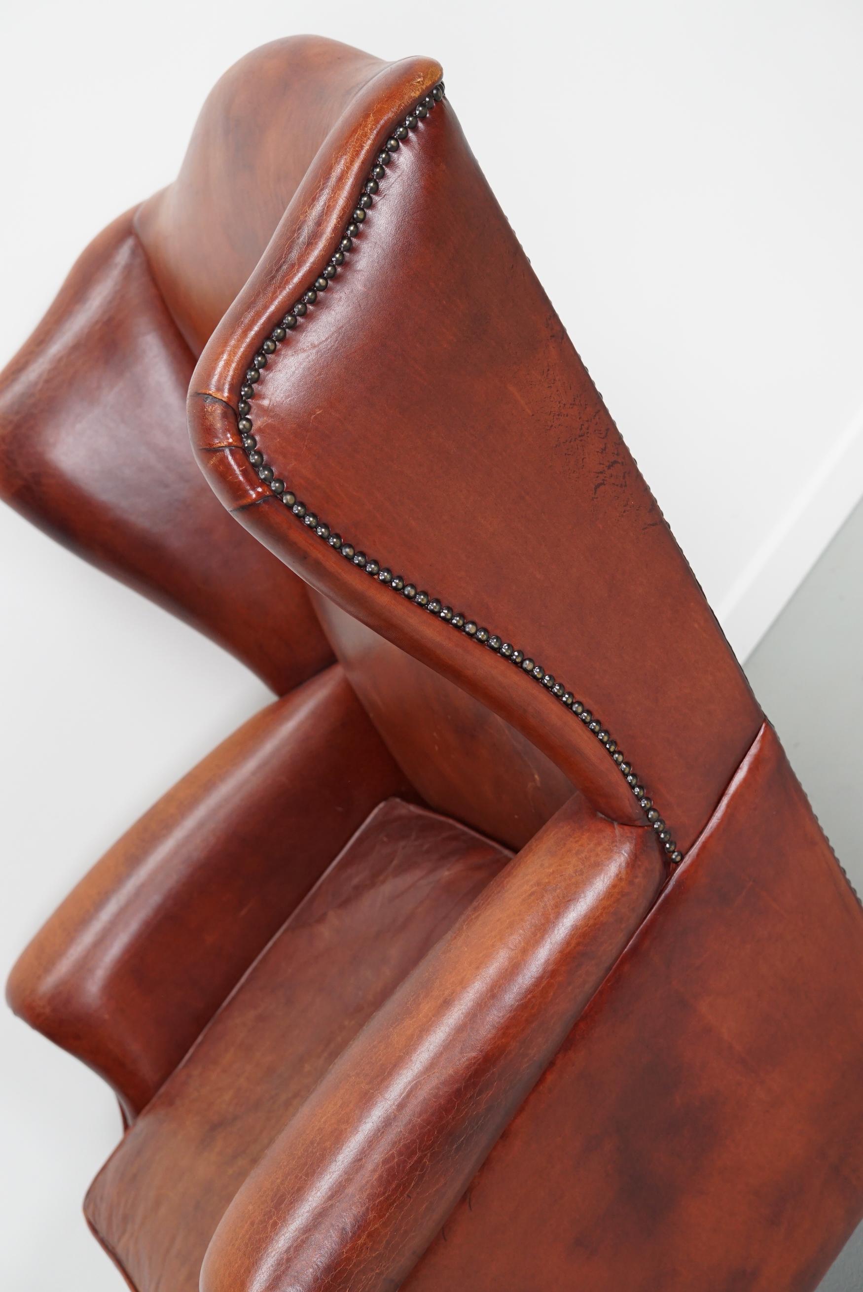  Vintage Dutch Cognac Colored Wingback Leather Club Chair For Sale 8