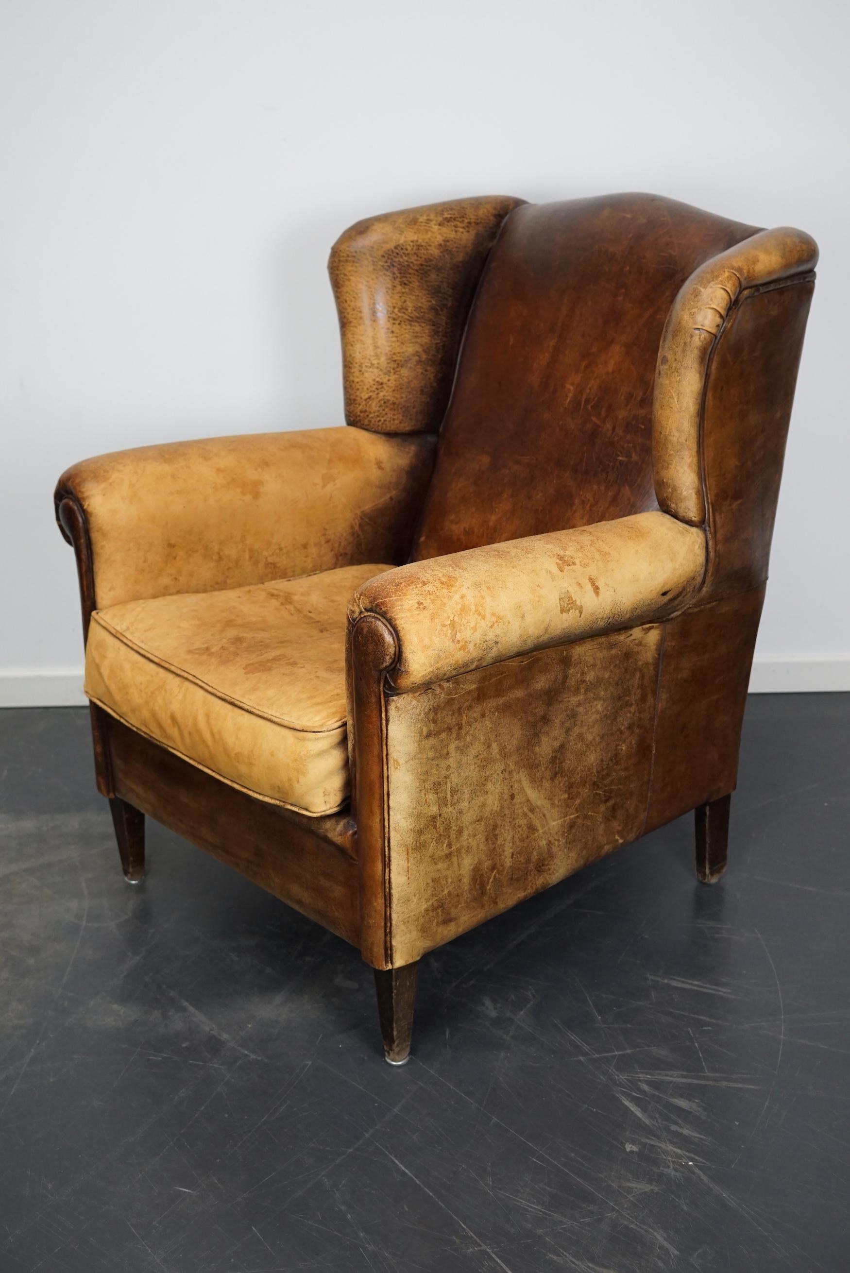Vintage Dutch Cognac Colored Wingback Leather Club Chair For Sale 9