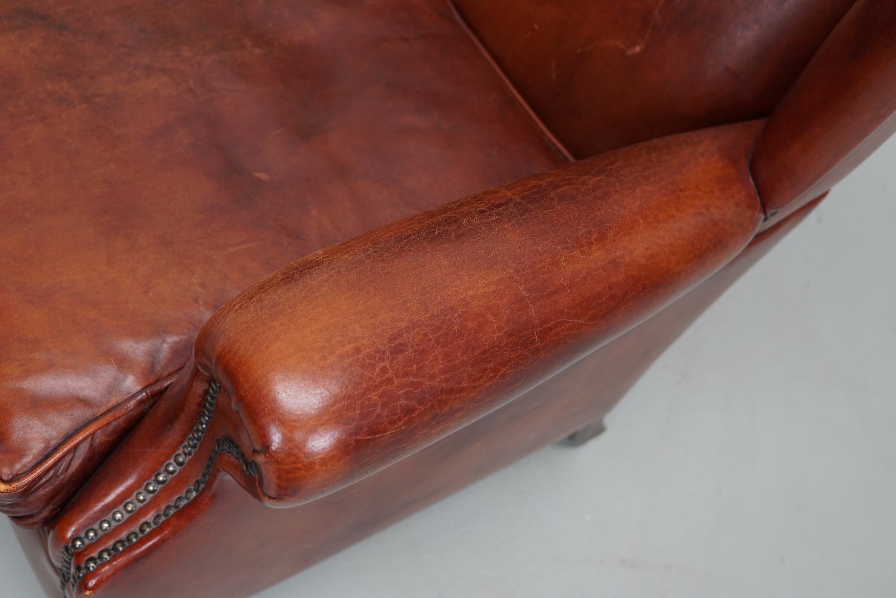  Vintage Dutch Cognac Colored Wingback Leather Club Chair For Sale 9