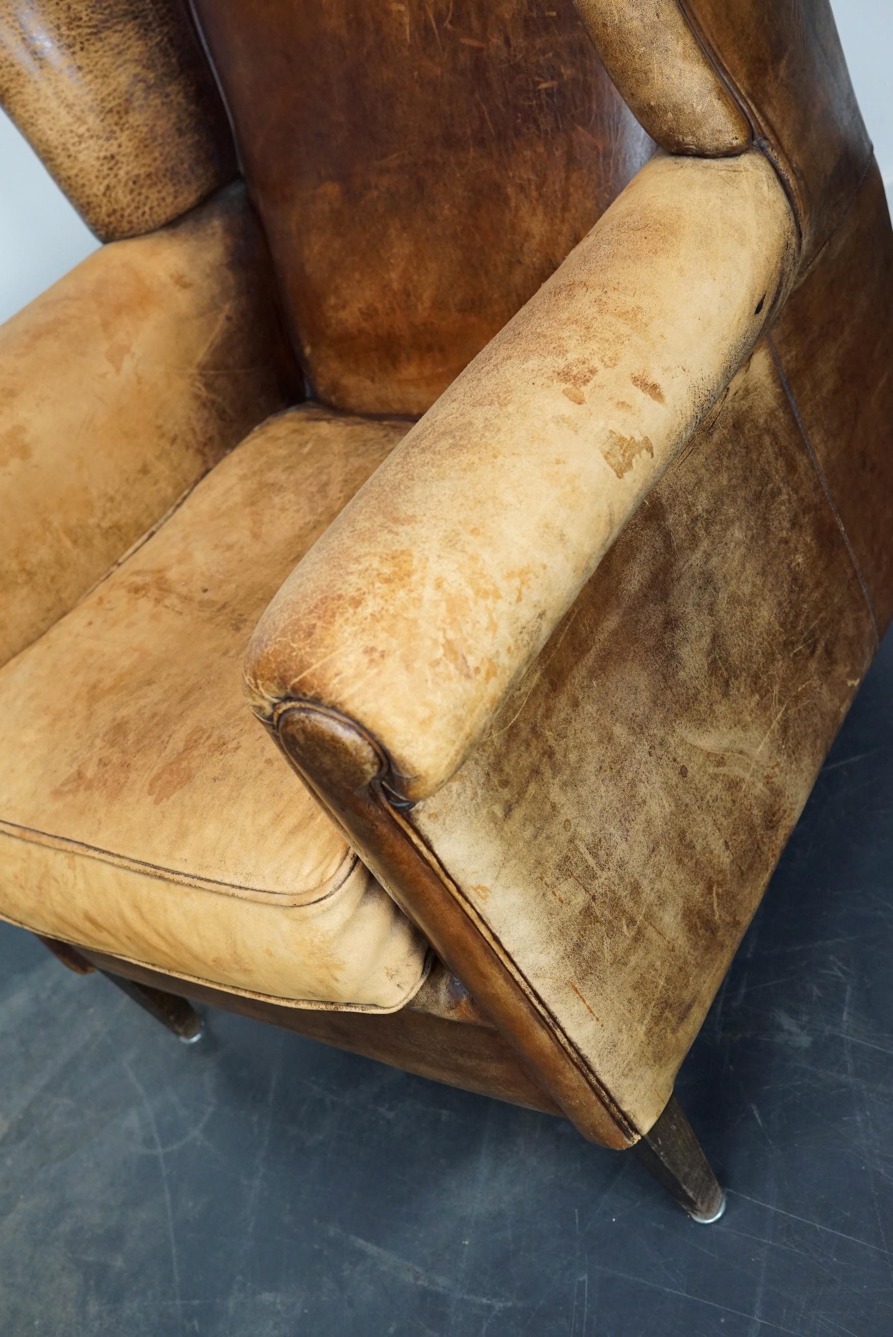 Vintage Dutch Cognac Colored Wingback Leather Club Chair For Sale 10