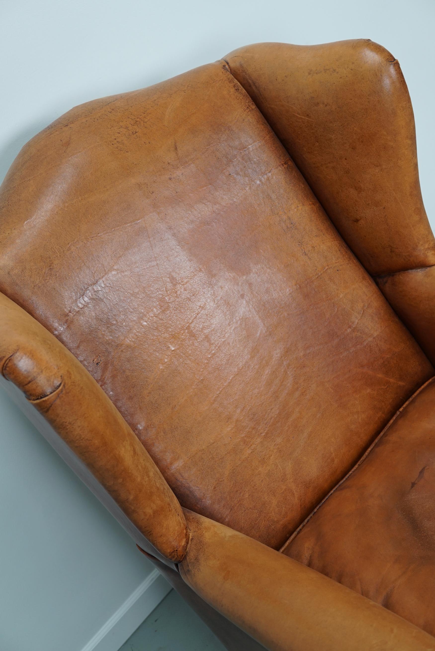  Vintage Dutch Cognac Colored Wingback Leather Club Chair 10