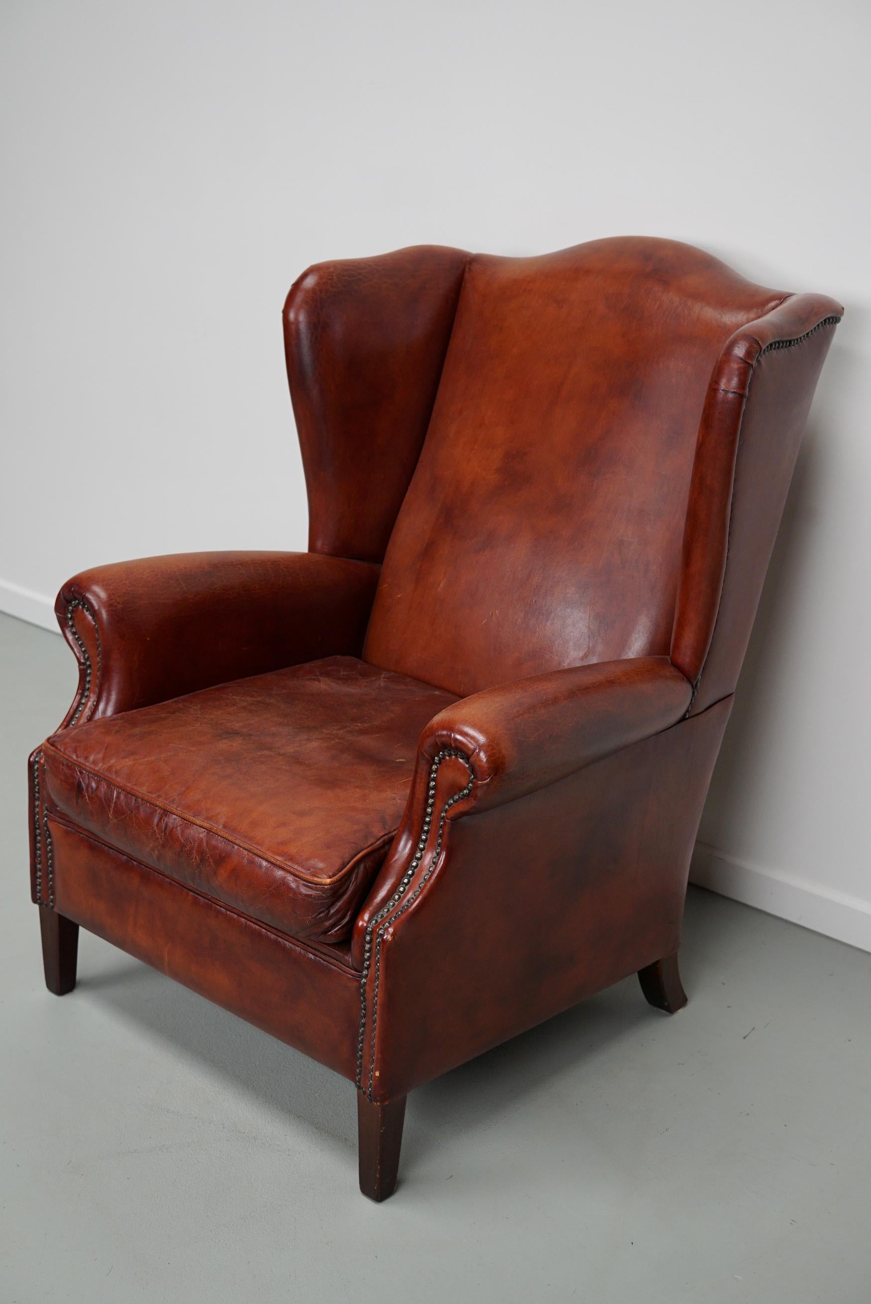  Vintage Dutch Cognac Colored Wingback Leather Club Chair For Sale 10