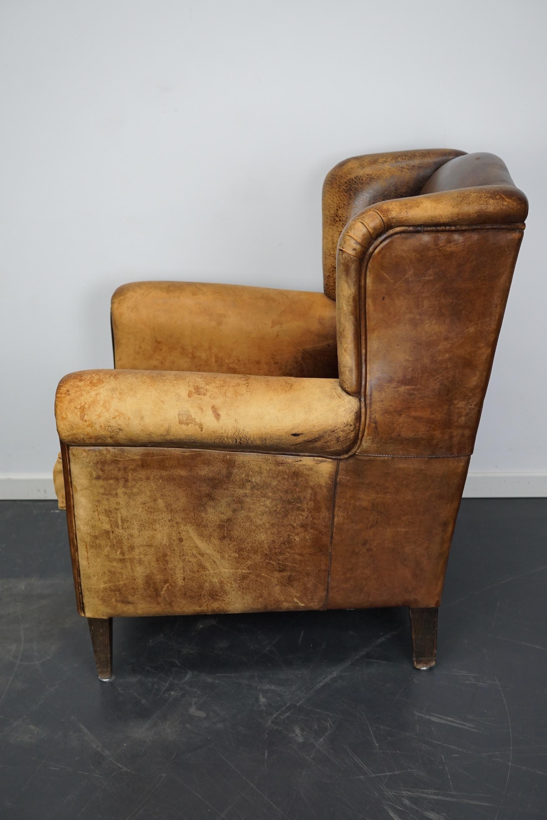 Vintage Dutch Cognac Colored Wingback Leather Club Chair For Sale 11