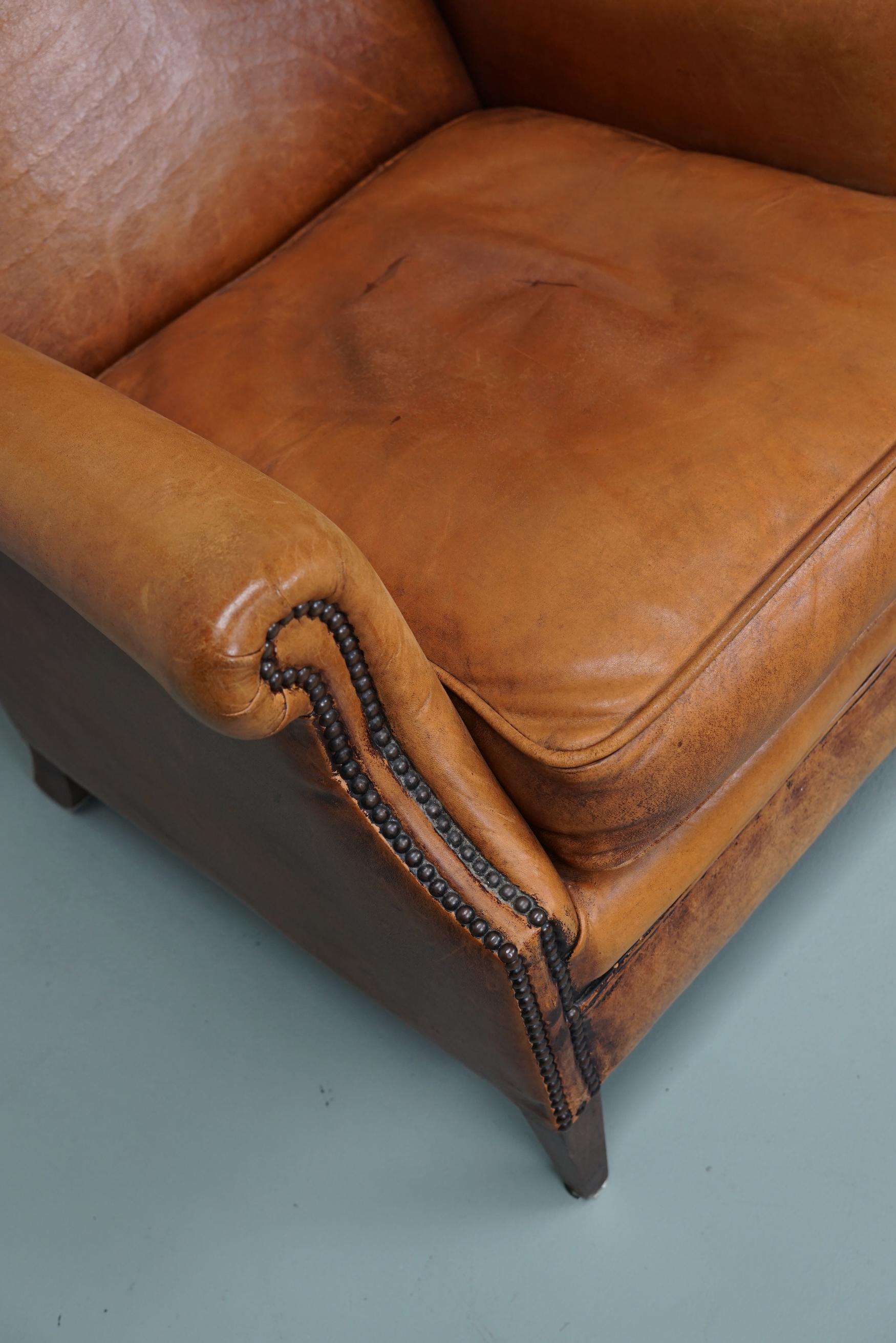  Vintage Dutch Cognac Colored Wingback Leather Club Chair 11