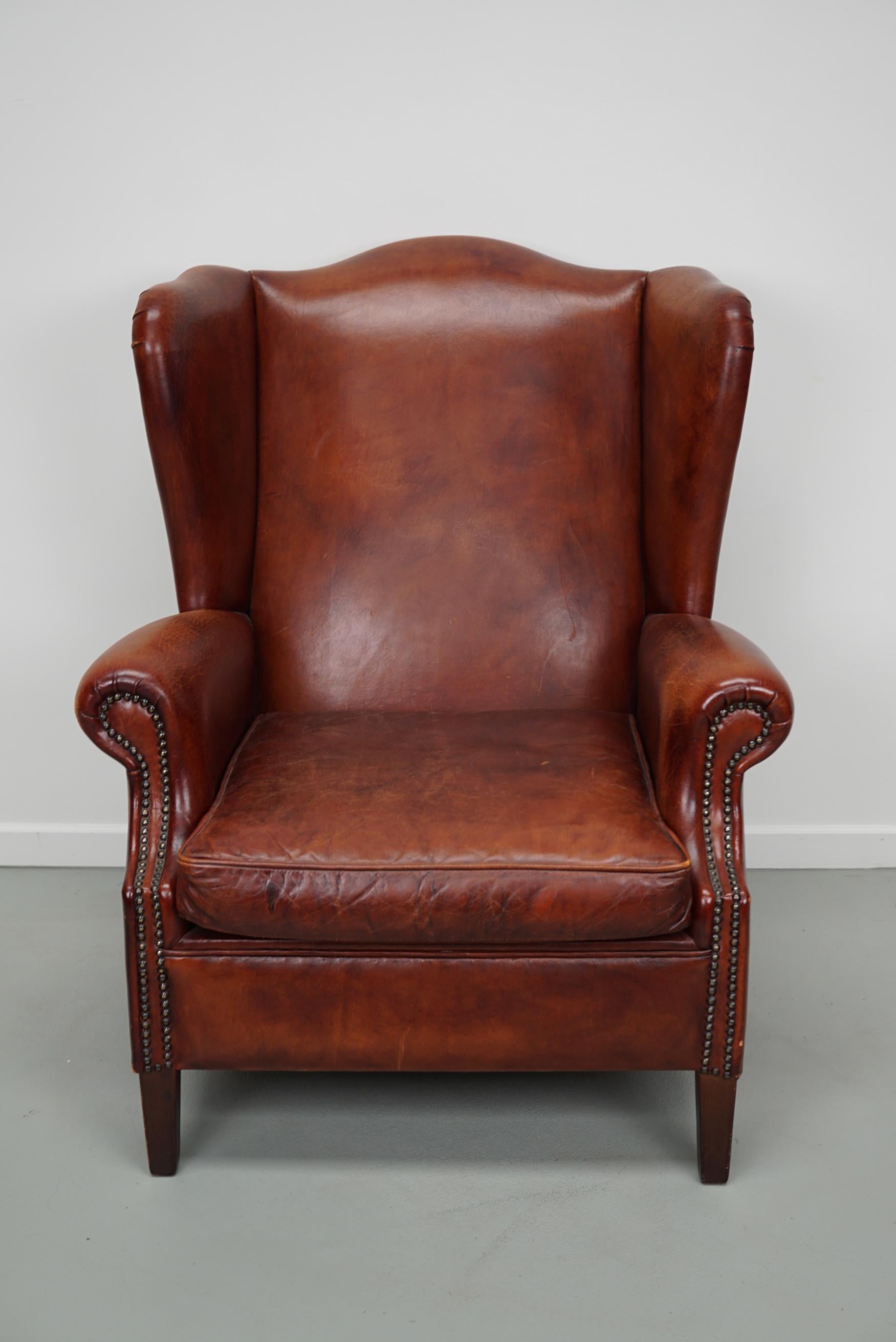  Vintage Dutch Cognac Colored Wingback Leather Club Chair For Sale 11