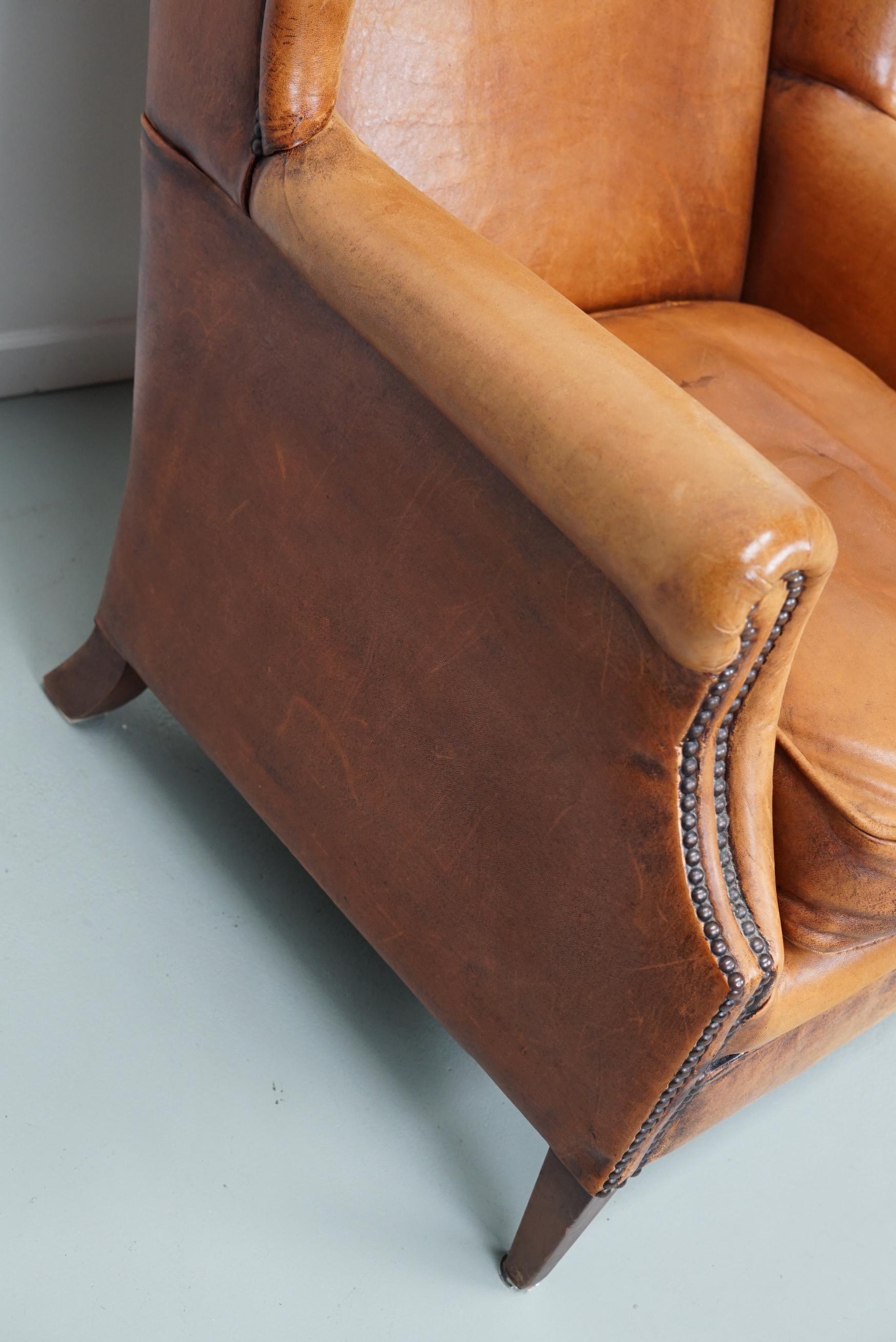  Vintage Dutch Cognac Colored Wingback Leather Club Chair 12